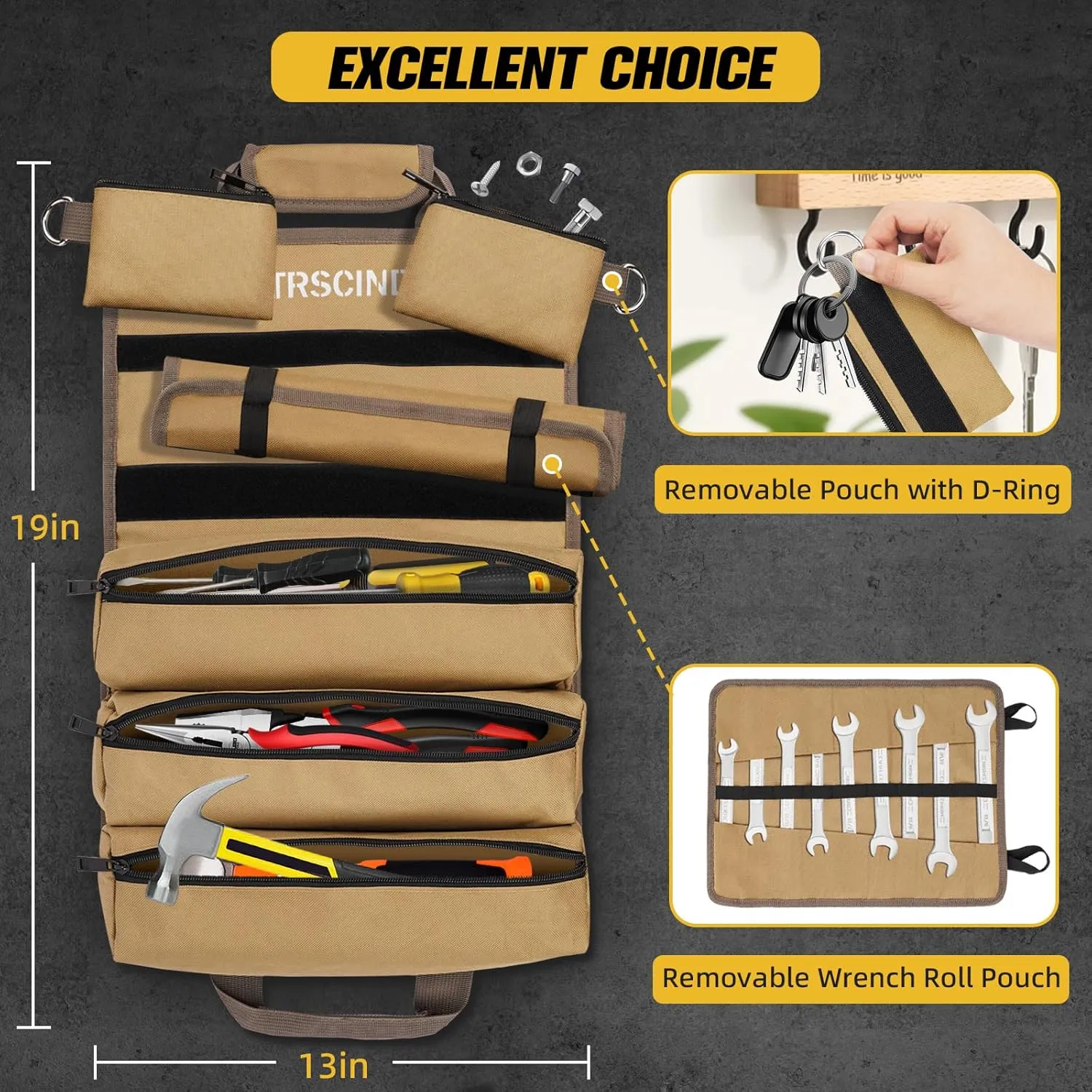 Tool Bag, Roll Up Bag, Tool Organizer with Detachable Pouches and Wrench Roll, Heavy Duty Tool Pouch, Gifts for Men Dad Fathers Day, Portable Tool Box for Motorcycle, Car, Electrician, Mechanic(Khaki）