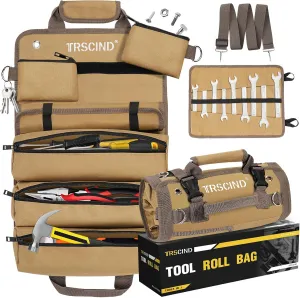 Tool Bag, Roll Up Bag, Tool Organizer with Detachable Pouches and Wrench Roll, Heavy Duty Tool Pouch, Gifts for Men Dad Fathers Day, Portable Tool Box for Motorcycle, Car, Electrician, Mechanic(Khaki）