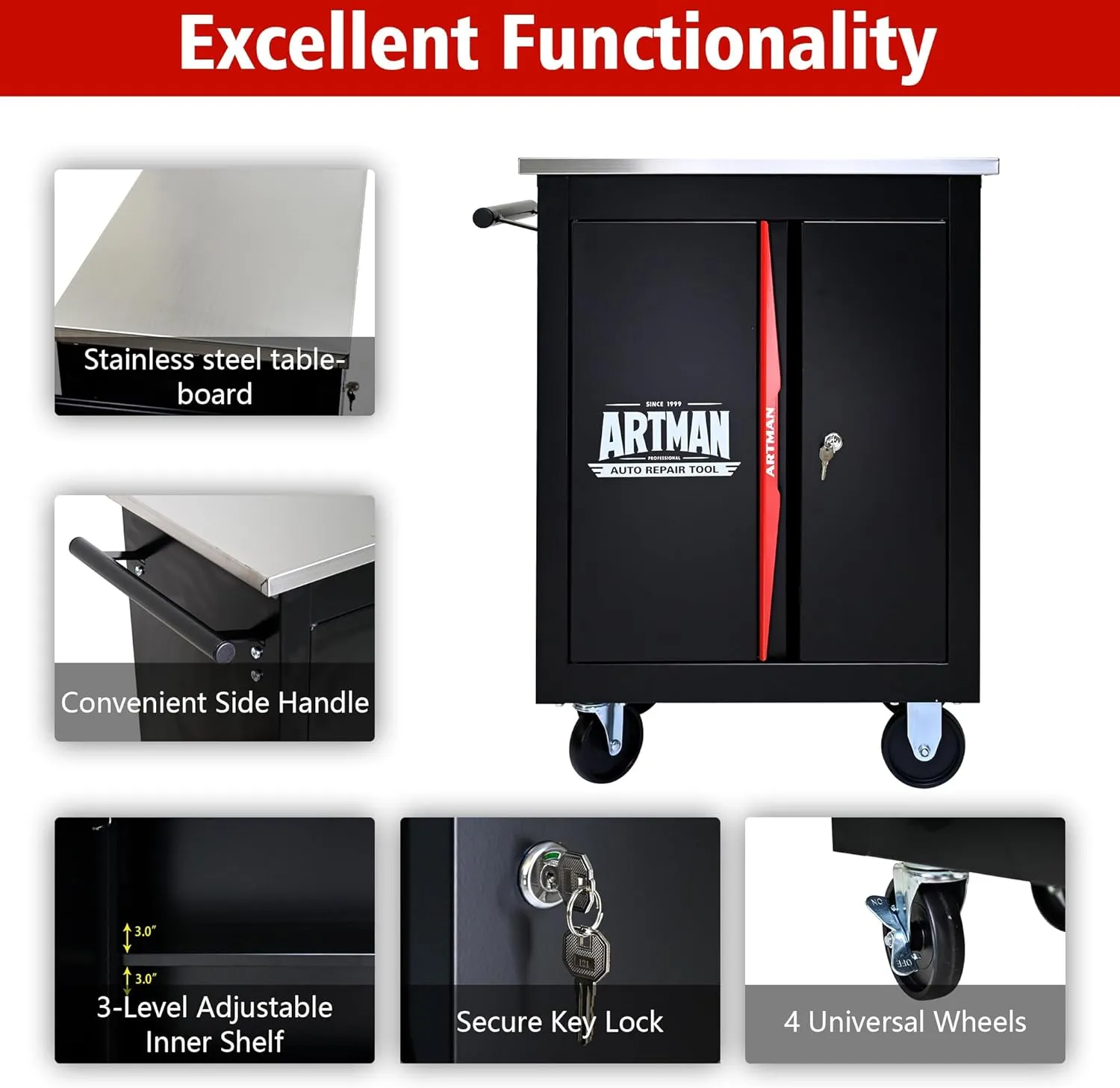 Tool Chest with Wheels, Double-Door Metal Tool Box, Rolling Tool Cart with Extra 7 Tool Storage Boxes, Tool Chest Workbench Tool Storage Cabinet for Garage Workshop Repair Shop