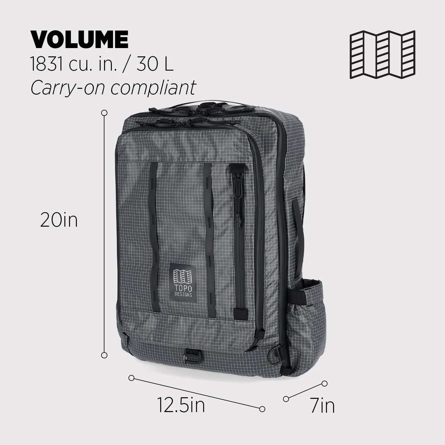 Topo Designs Global Travel Bag 30-40 Liter - Carry-on Compliant Versatile Pack, 3 Carry Options, External Laptop Sleeve (Eco-Friendly, 30L, Apex Black)