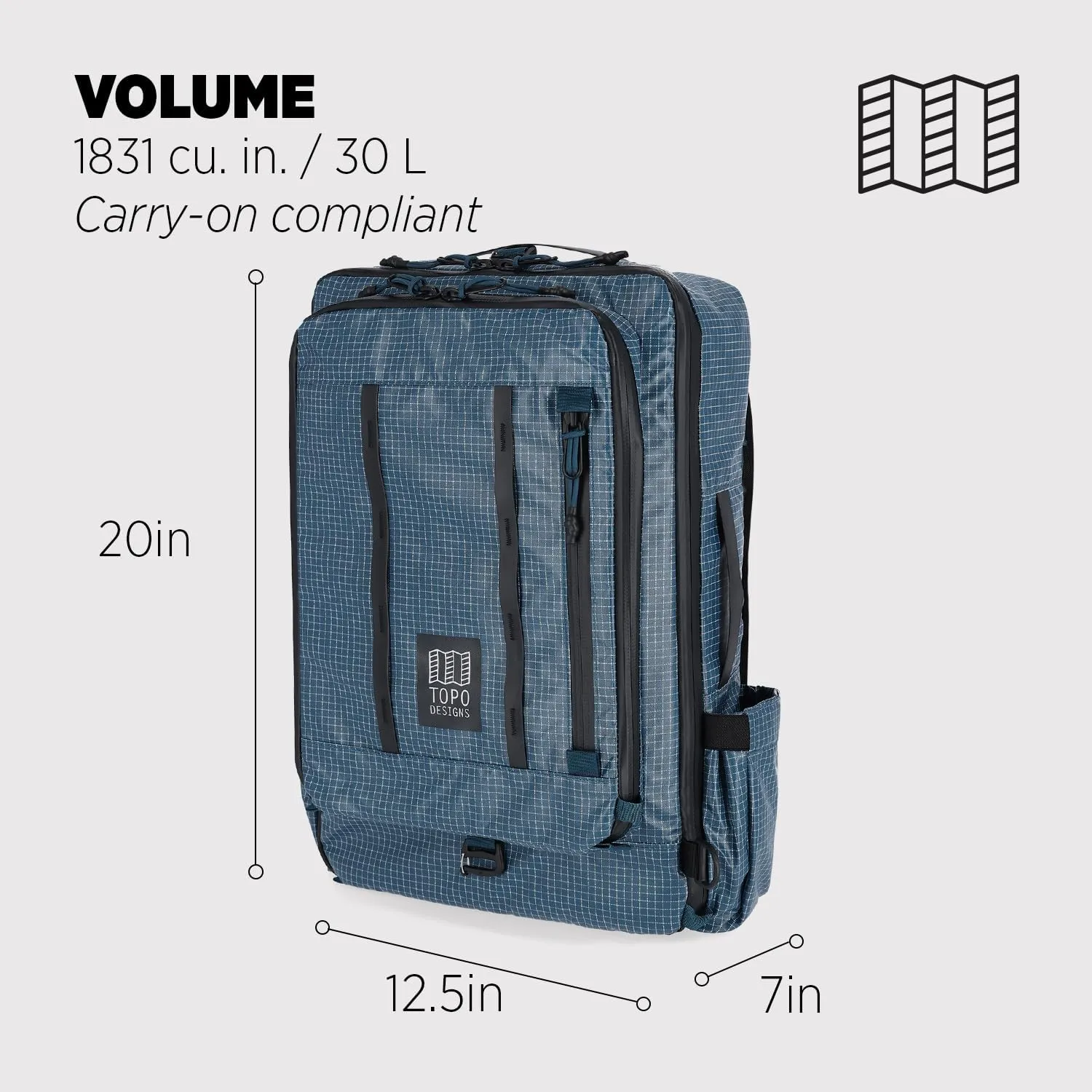 Topo Designs Global Travel Bag 30-40 Liter - Carry-on Compliant Versatile Pack, 3 Carry Options, External Laptop Sleeve (Eco-Friendly, 30L, Apex Pond Blue)