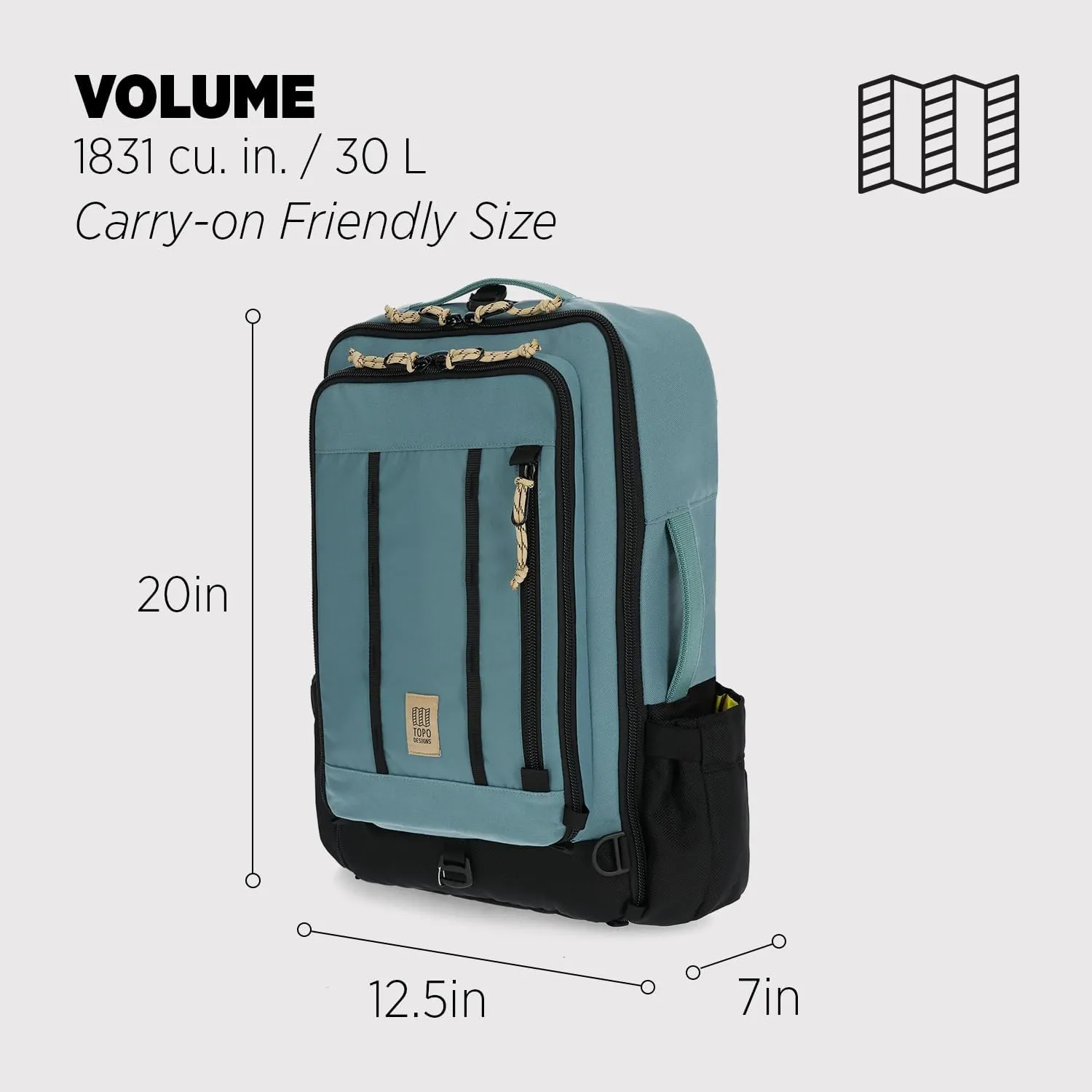 Topo Designs Global Travel Bag 30-40 Liter - Carry-on Compliant Versatile Pack, 3 Carry Options, External Laptop Sleeve (Eco-Friendly, 30L, Pine)