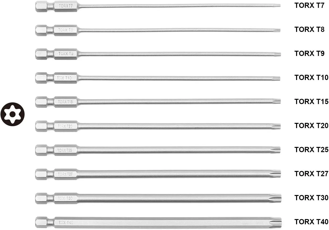 TORX Tamper Resistant Bits, Security TORX & Star Bits (T7-T40), 150mm, 10-Piece Set, High Grade S2 Steel