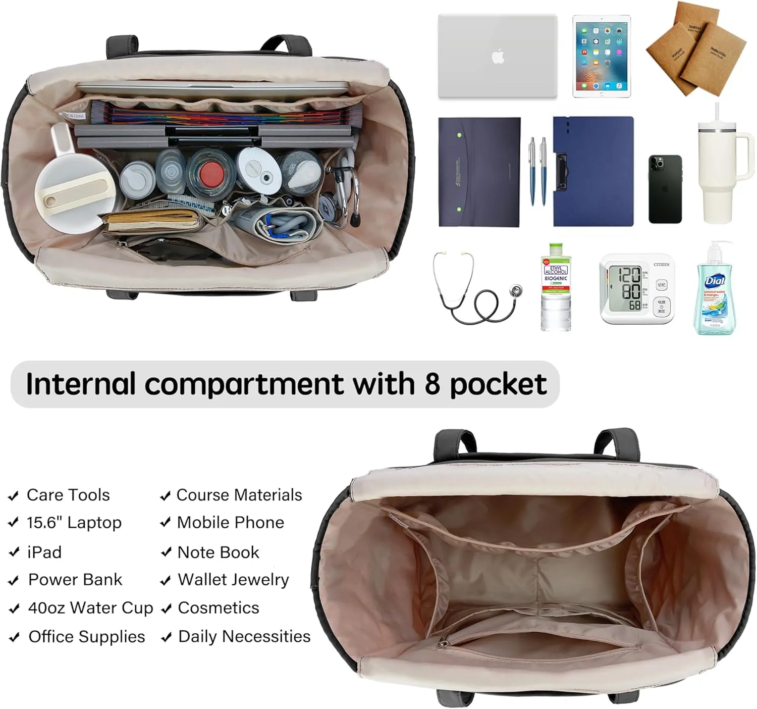 Tote Bag for Women with Water Bottle Pocket Fit for Stanley Cup, Carry On Tote for Work, Nurse, College, Travel