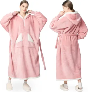 Touchat Wearable Blanket Hoodie as Gifts for Women and Men,Warm and Cozy Large Blanket Sweatshirt,Thick&Long Sherpa Fleece Hooded Blanket with Oversize Pocket and Belt, Winter Gifts,Standard- Pink