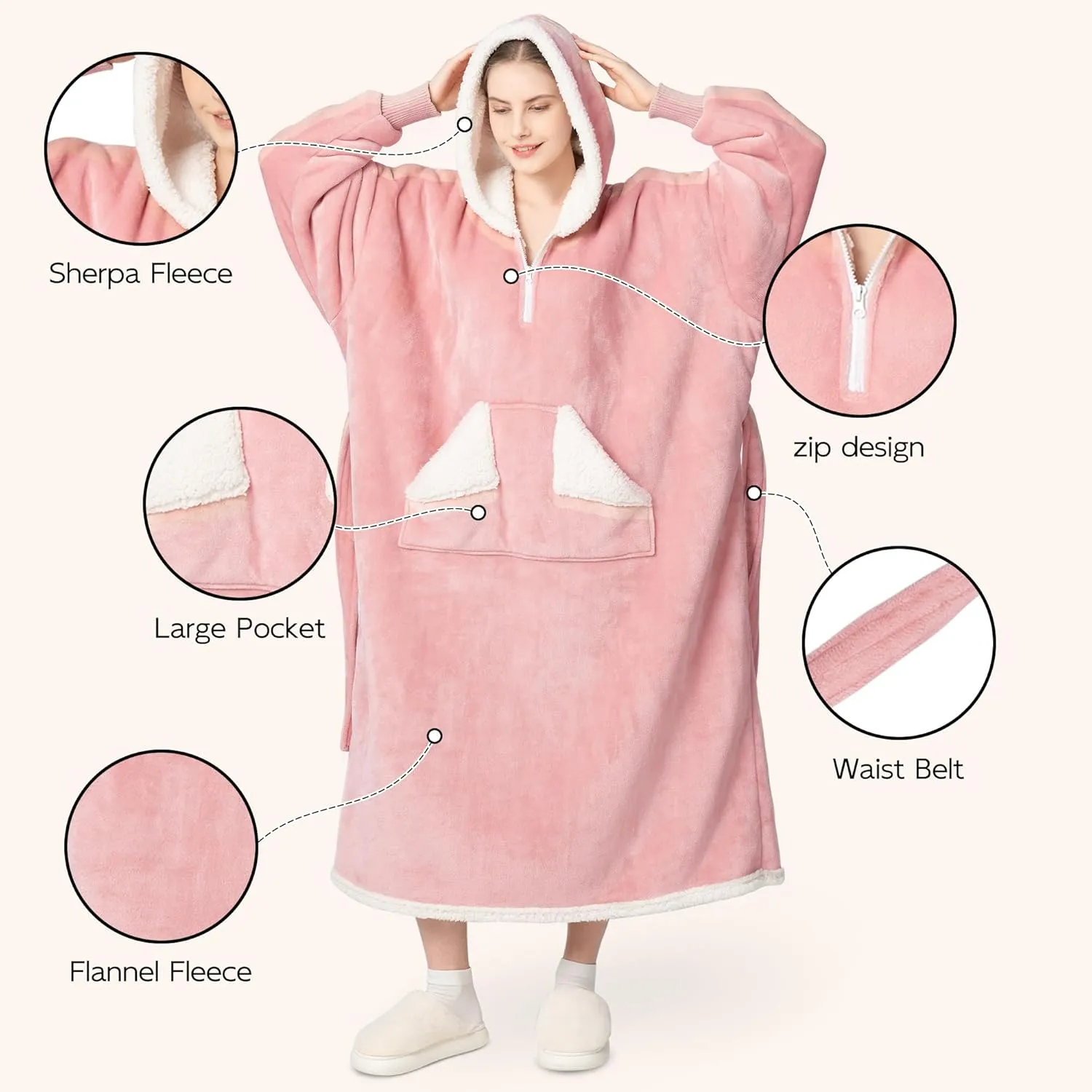 Touchat Wearable Blanket Hoodie as Gifts for Women and Men,Warm and Cozy Large Blanket Sweatshirt,Thick&Long Sherpa Fleece Hooded Blanket with Oversize Pocket and Belt, Winter Gifts,Standard- Pink