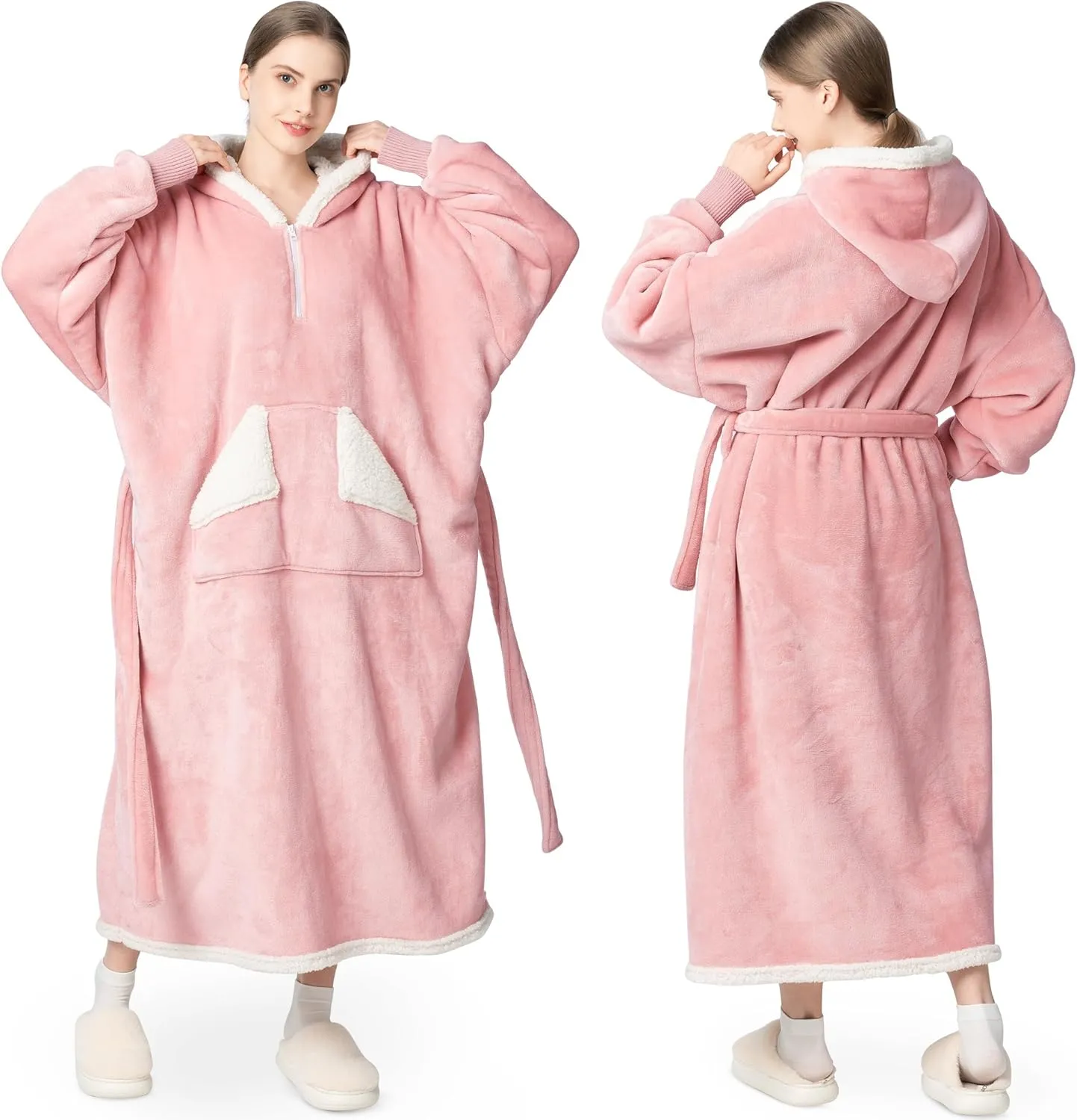 Touchat Wearable Blanket Hoodie as Gifts for Women and Men,Warm and Cozy Large Blanket Sweatshirt,Thick&Long Sherpa Fleece Hooded Blanket with Oversize Pocket and Belt, Winter Gifts,Standard- Pink