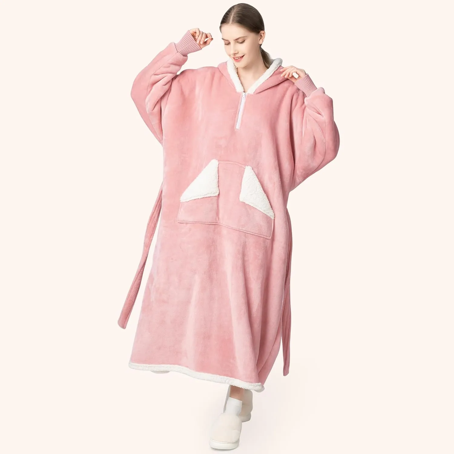 Touchat Wearable Blanket Hoodie as Gifts for Women and Men,Warm and Cozy Large Blanket Sweatshirt,Thick&Long Sherpa Fleece Hooded Blanket with Oversize Pocket and Belt, Winter Gifts,Standard- Pink
