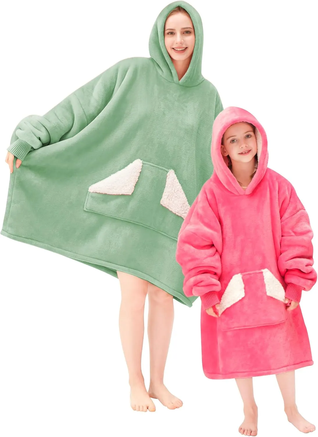 Touchat Wearable Blanket Hoodie, Oversized Sherpa Blanket Sweatshirt with Hood Pocket and Sleeves, Gifts Hooded Blanket for Adult Women Men (Light Green)