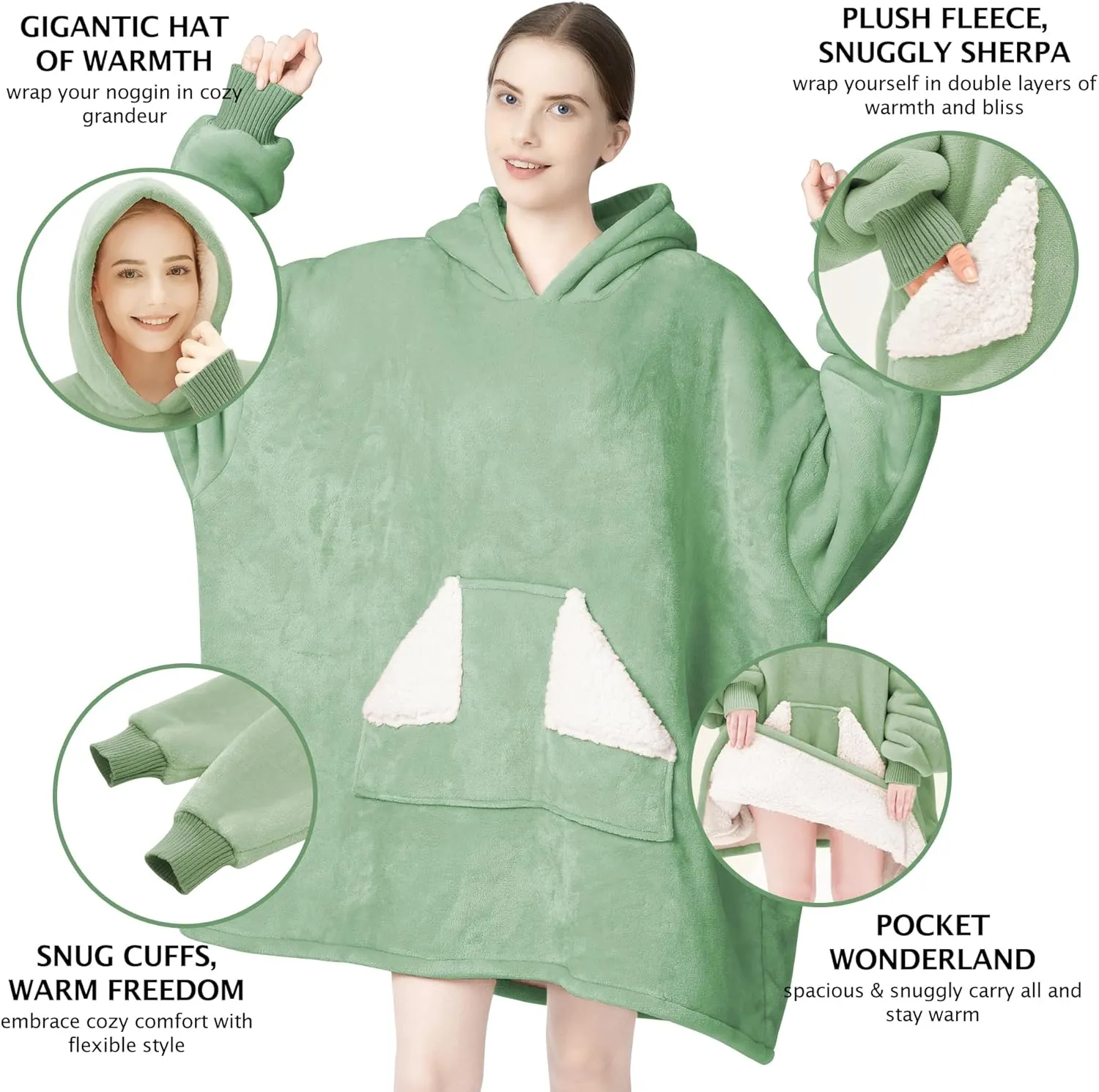 Touchat Wearable Blanket Hoodie, Oversized Sherpa Blanket Sweatshirt with Hood Pocket and Sleeves, Gifts Hooded Blanket for Adult Women Men (Light Green)