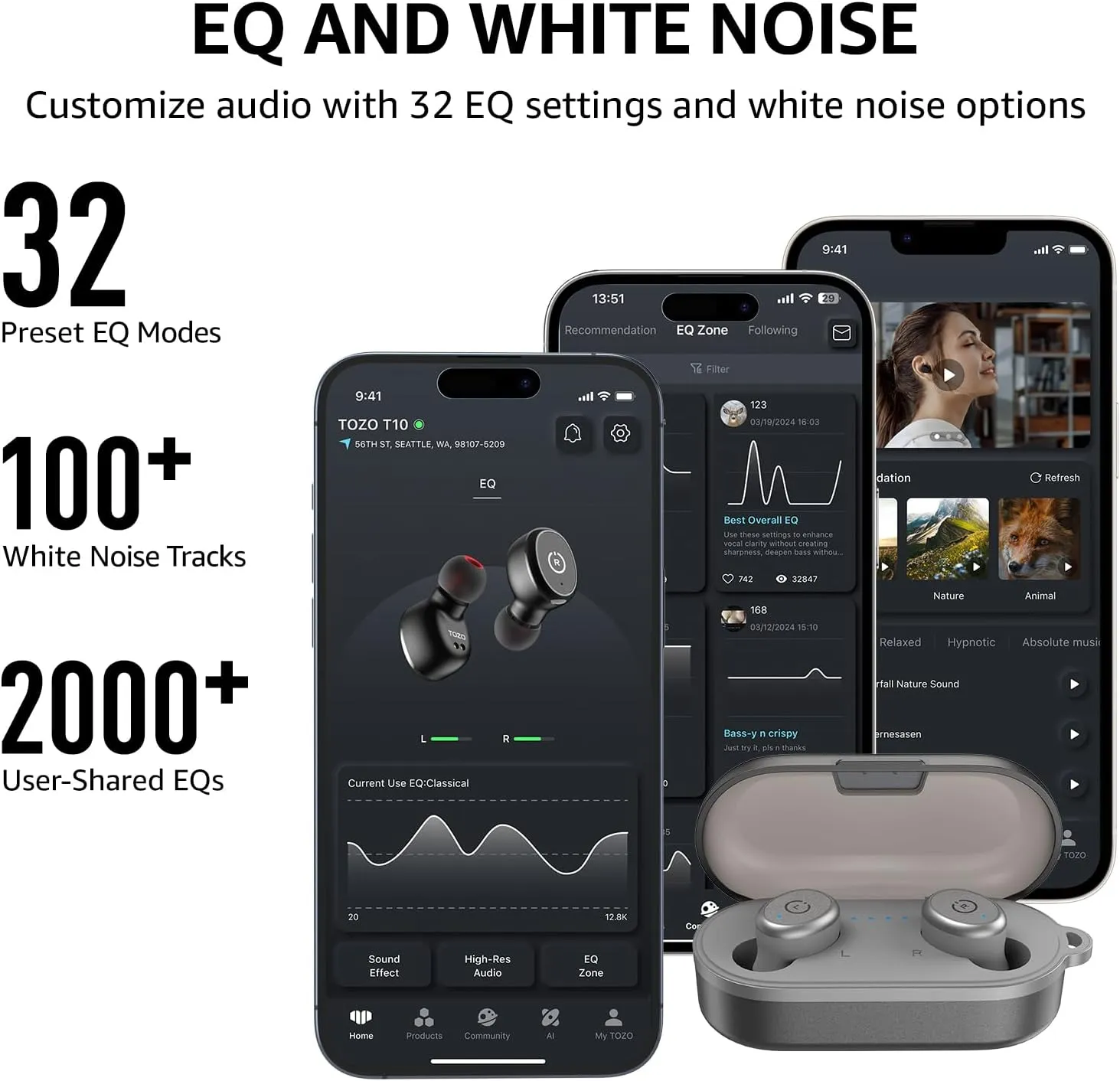 TOZO T10 True Wireless Bluetooth 5.3 Earbuds, 45H Playtime, Wireless Charging Case, IPX8 Waterproof Stereo Headphones in Ear Built in Mic Headset Premium Sound with Deep Bass, 32 Preset EQs via APP