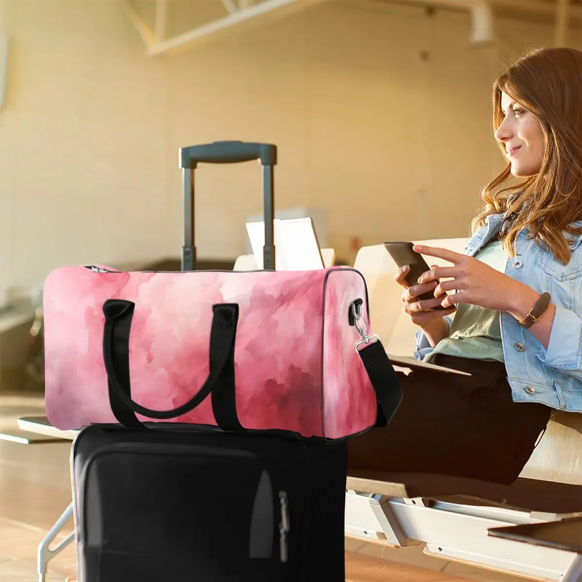 Travel Duffel Bag for Women Men Pink Pattern Waterproof Foldable Overnight Weekender Bag Large Capacity Sports Gym Bag