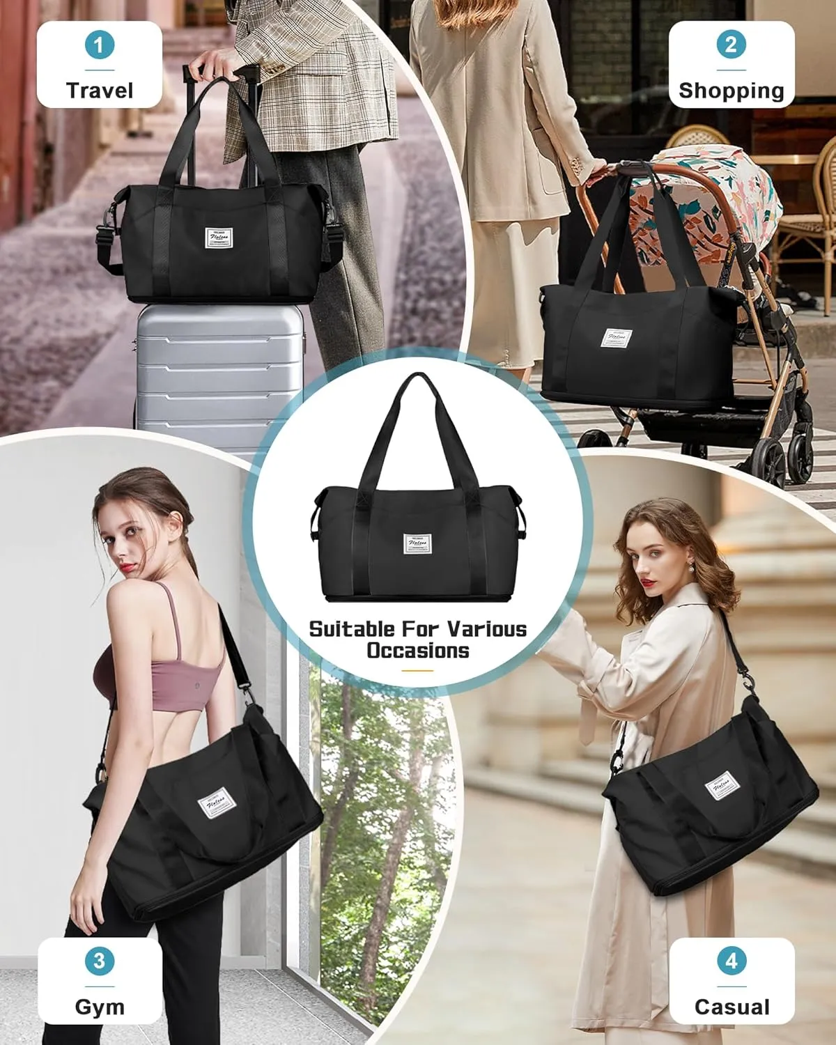 Travel Duffel Bag,Sports Tote Gym For Spirit Airlines Personal Item Bag 18x14x8 Foldable,Carry on Shoulder Expandable Weekender Overnight for Women, Black