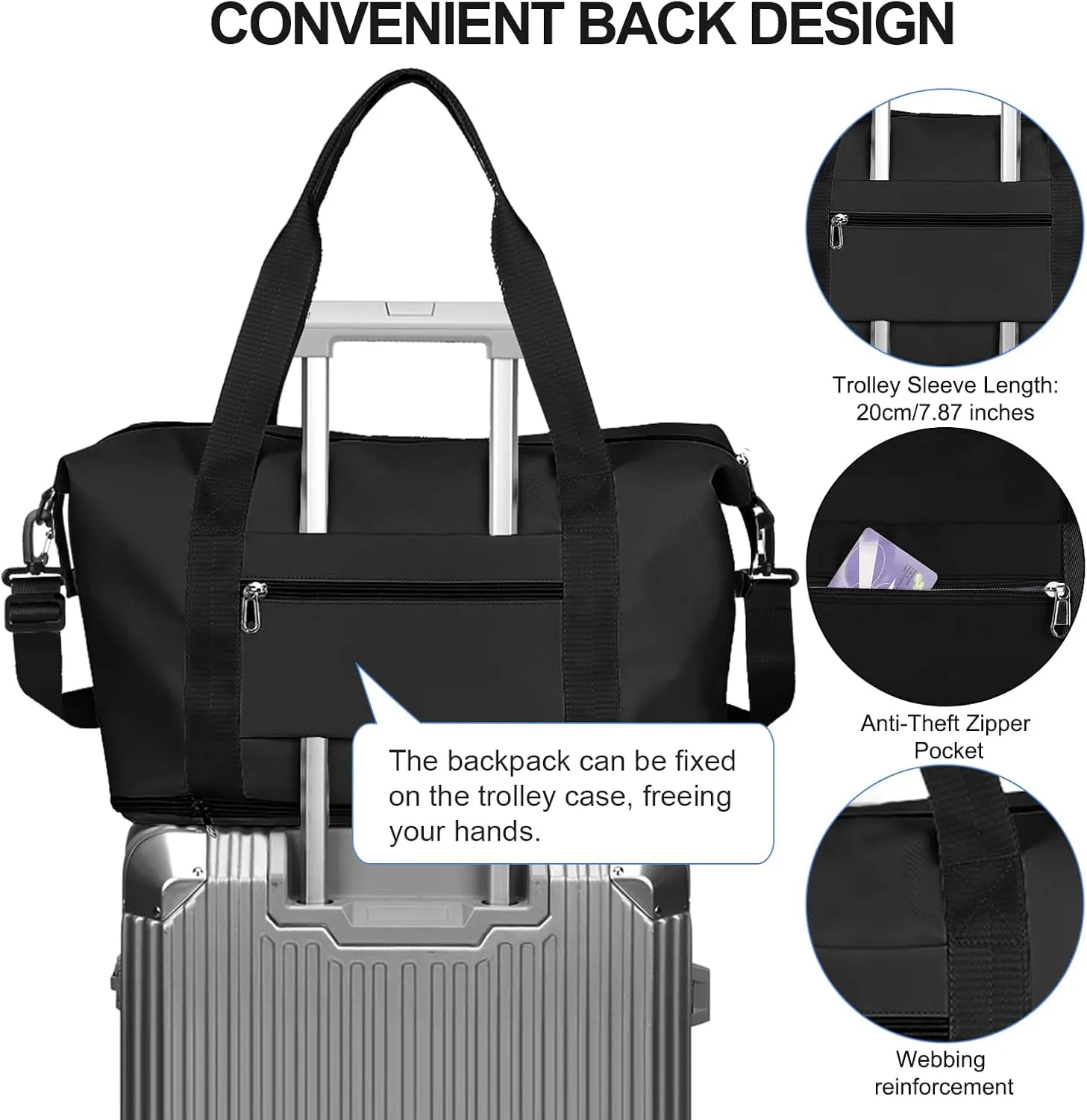 Travel Duffel Bag,Sports Tote Gym For Spirit Airlines Personal Item Bag 18x14x8 Foldable,Carry on Shoulder Expandable Weekender Overnight for Women, Black