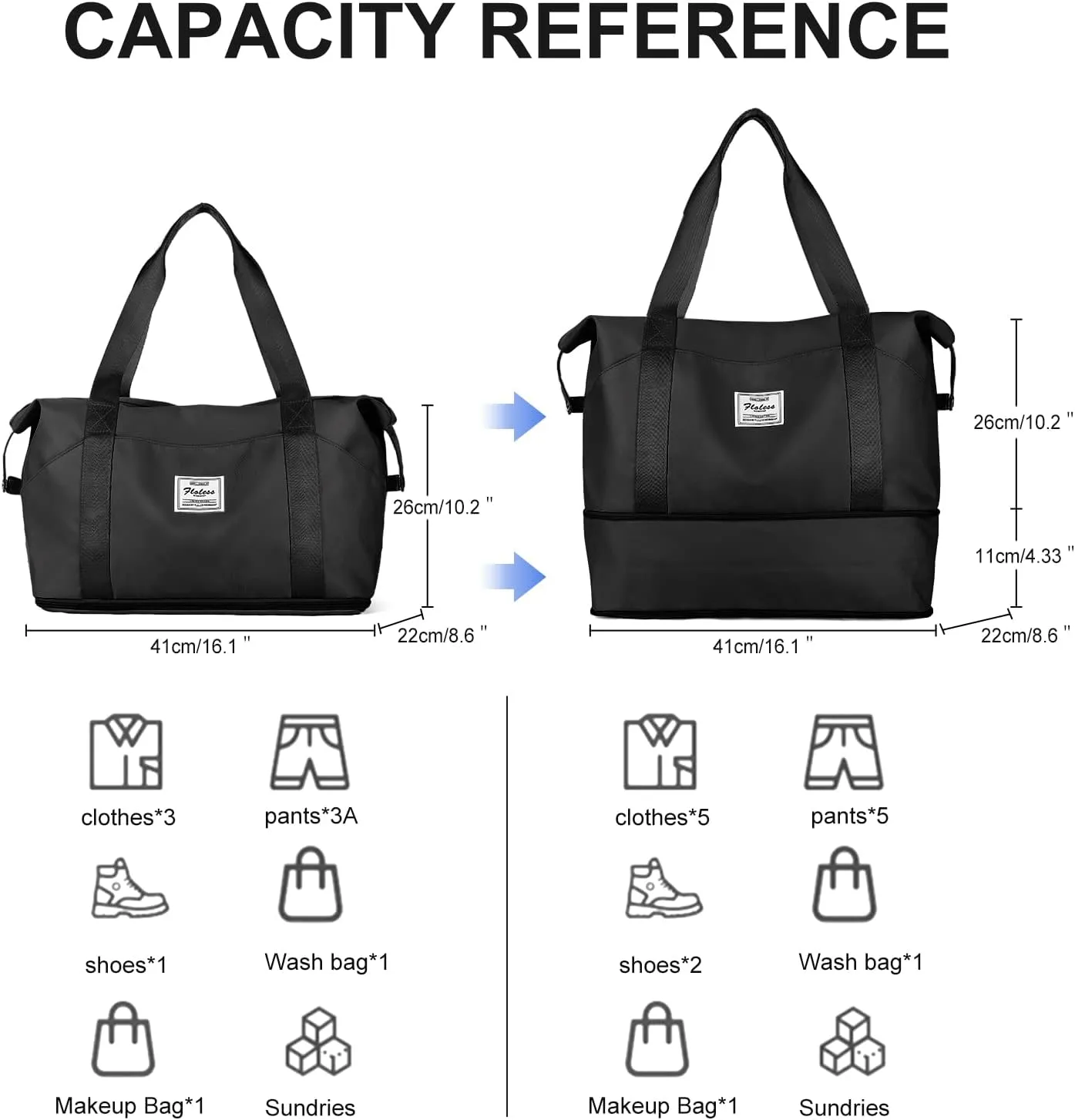 Travel Duffel Bag,Sports Tote Gym For Spirit Airlines Personal Item Bag 18x14x8 Foldable,Carry on Shoulder Expandable Weekender Overnight for Women, Black