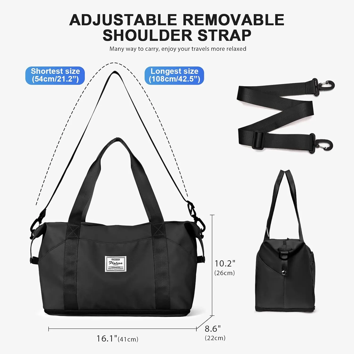 Travel Duffel Bag,Sports Tote Gym For Spirit Airlines Personal Item Bag 18x14x8 Foldable,Carry on Shoulder Expandable Weekender Overnight for Women, Black