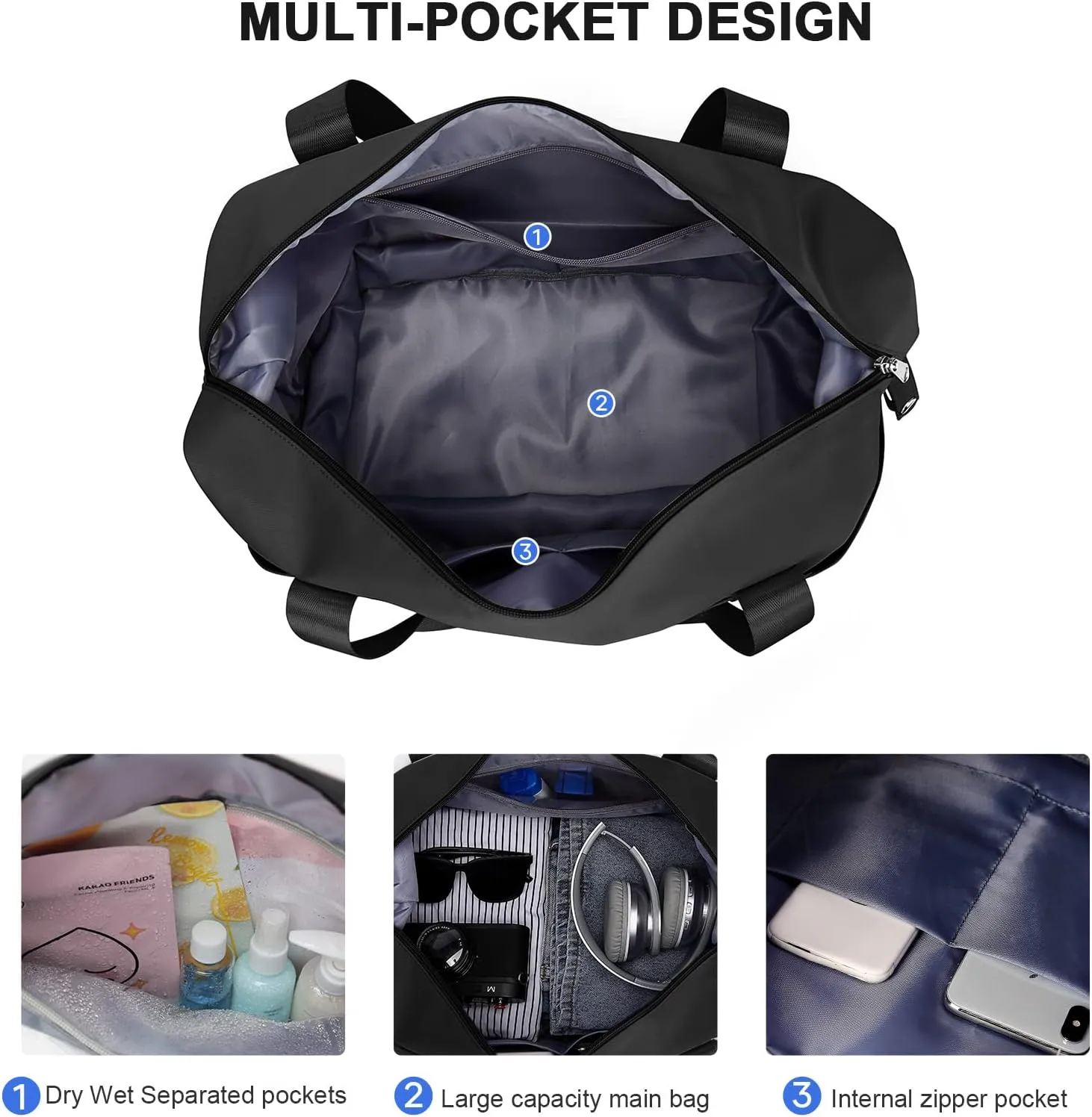 Travel Duffel Bag,Sports Tote Gym For Spirit Airlines Personal Item Bag 18x14x8 Foldable,Carry on Shoulder Expandable Weekender Overnight for Women, Black