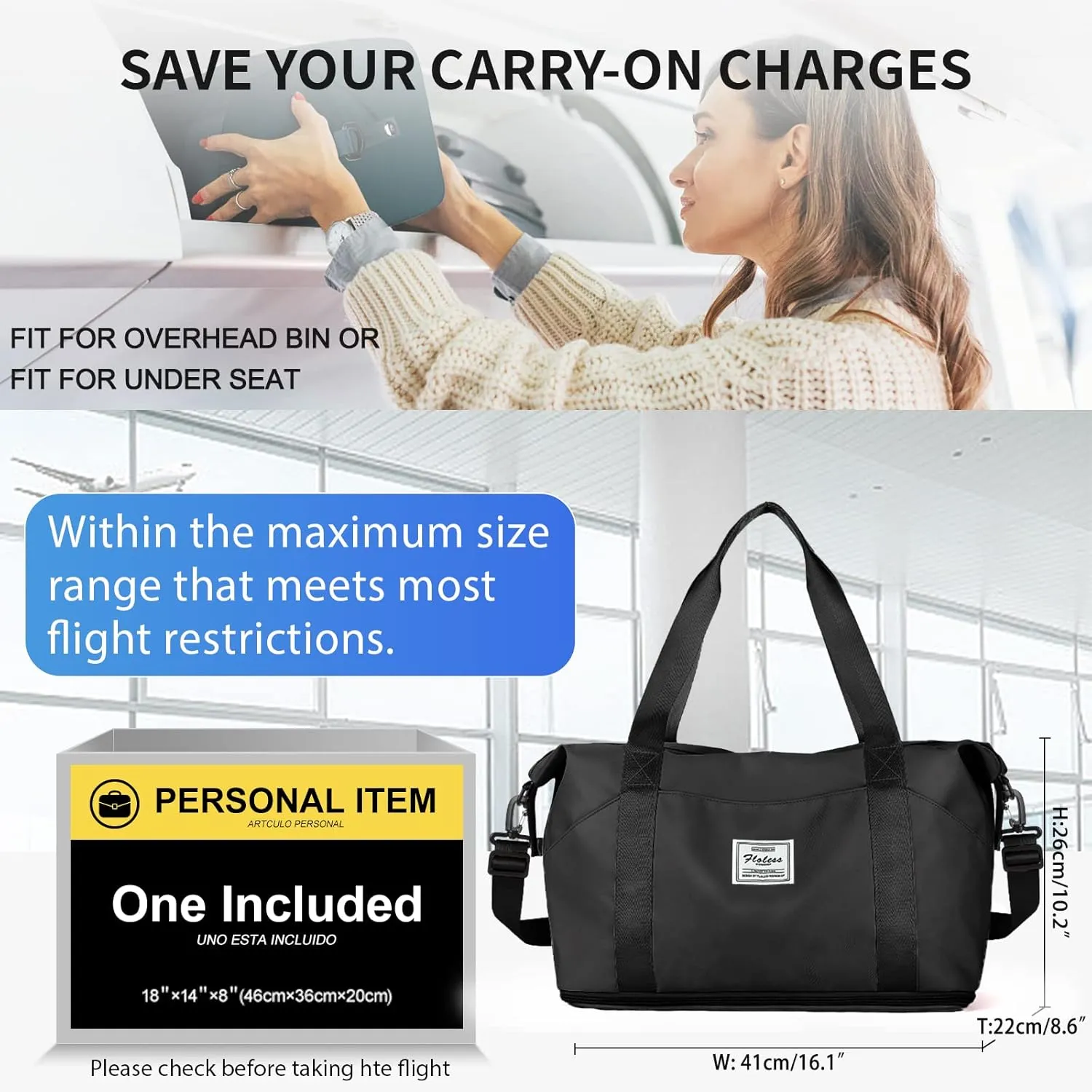 Travel Duffel Bag,Sports Tote Gym For Spirit Airlines Personal Item Bag 18x14x8 Foldable,Carry on Shoulder Expandable Weekender Overnight for Women, Black