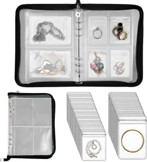 Travel Jewelry Organizer Transparent Jewelry Storage Book Set with Anti-oxidation Pocket Traveling Necklace Earring Organizer for Ring, Bracelets, Postcard (120 Grids  75 Thicken PVC Zipper Bags)