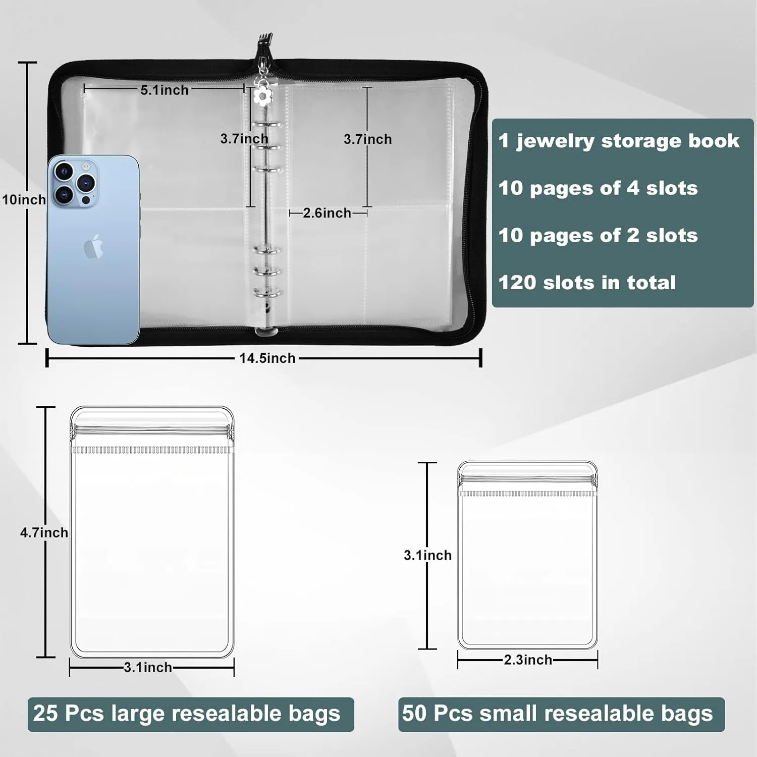 Travel Jewelry Organizer Transparent Jewelry Storage Book Set with Anti-oxidation Pocket Traveling Necklace Earring Organizer for Ring, Bracelets, Postcard (120 Grids  75 Thicken PVC Zipper Bags)
