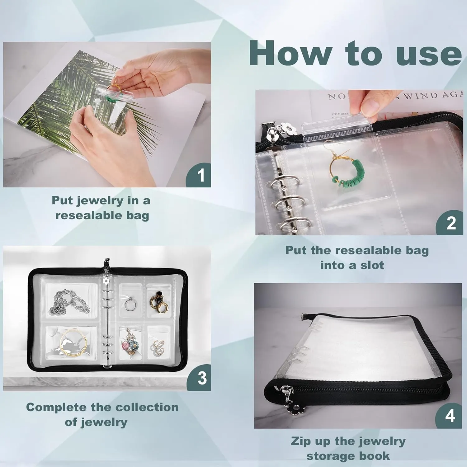 Travel Jewelry Organizer Transparent Jewelry Storage Book Set with Anti-oxidation Pocket Traveling Necklace Earring Organizer for Ring, Bracelets, Postcard (120 Grids  75 Thicken PVC Zipper Bags)
