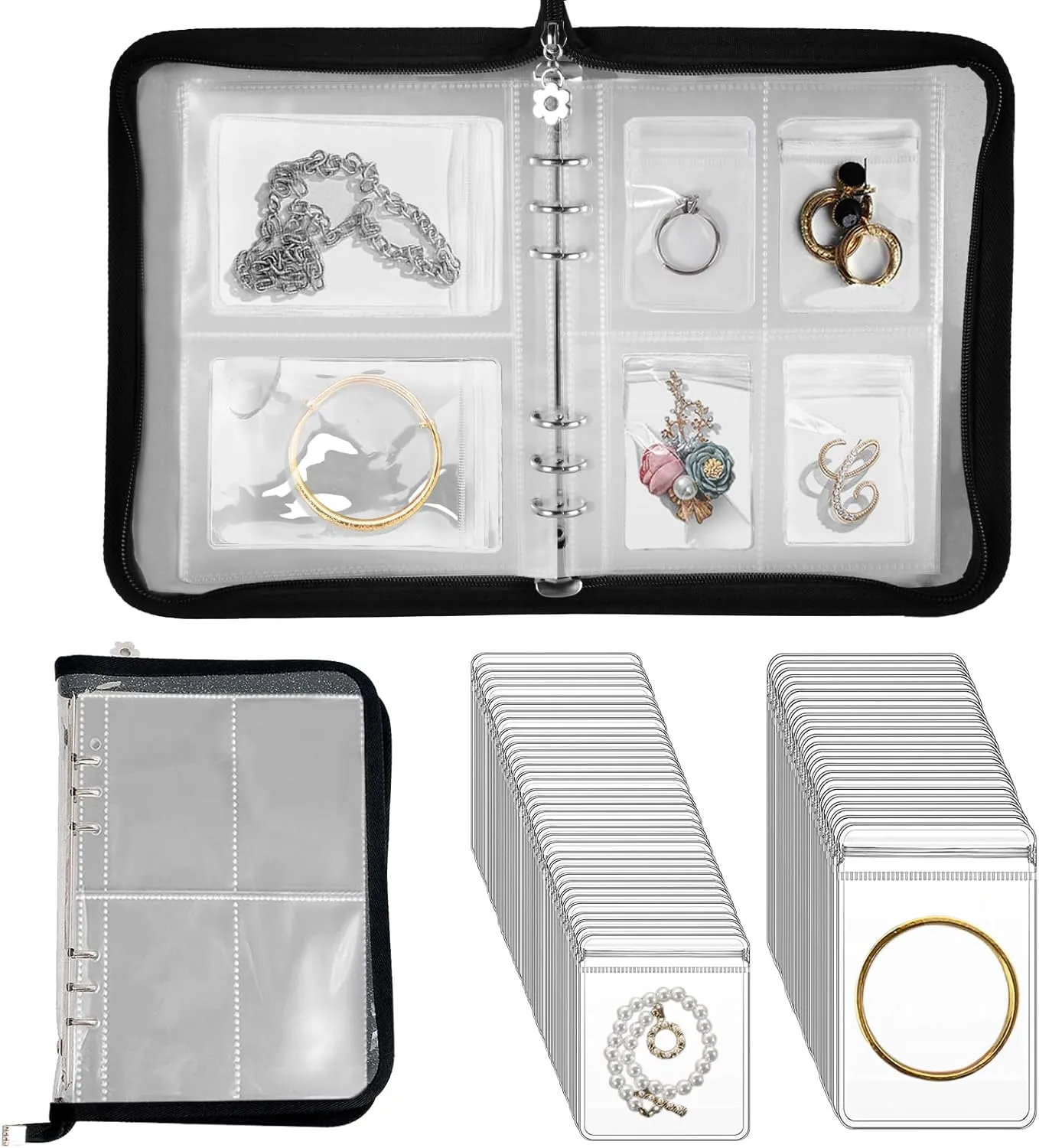 Travel Jewelry Organizer Transparent Jewelry Storage Book Set with Anti-oxidation Pocket Traveling Necklace Earring Organizer for Ring, Bracelets, Postcard (120 Grids  75 Thicken PVC Zipper Bags)
