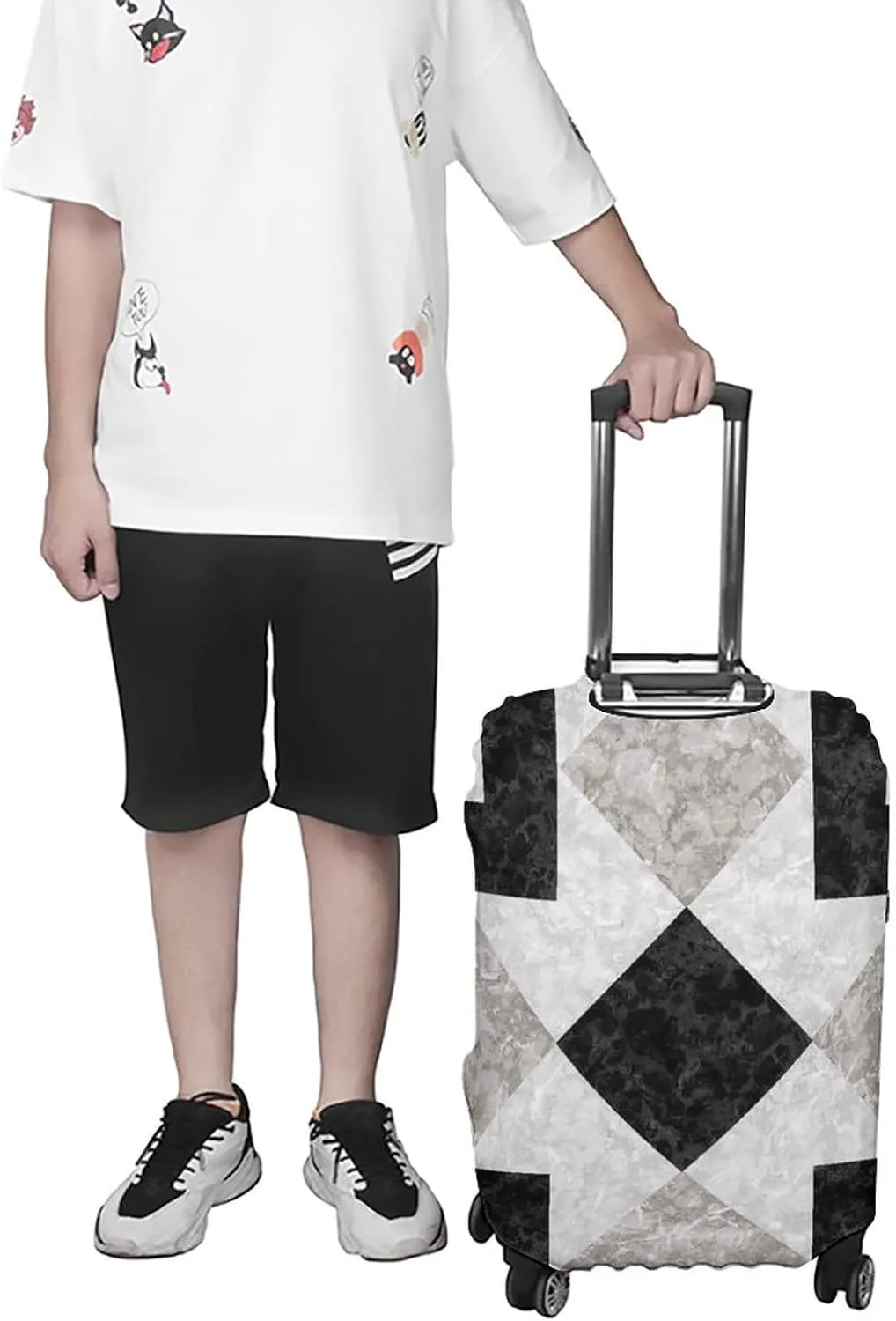 Travel Luggage Cover, Apartment Decor Luggage Cover Suitcase Protector, Nostalgic Marble Stone Mosaic Regular Design, Fits 30-32 Inch Luggage, Travel Summer Beach Holiday, Black Beige