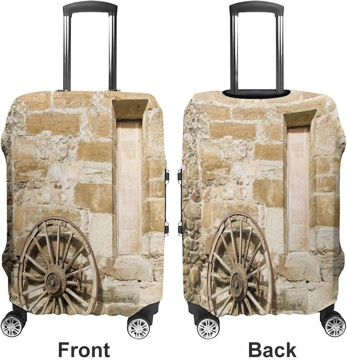 Travel Luggage Cover, Barn Wood Wagon Wheel Elastic Travel Luggage Cover, Ancient Rural Facade with Old Wheel Traditional, Fits 19-21 Inch Luggage, Great For Vacation Travel, Brown Light Brown
