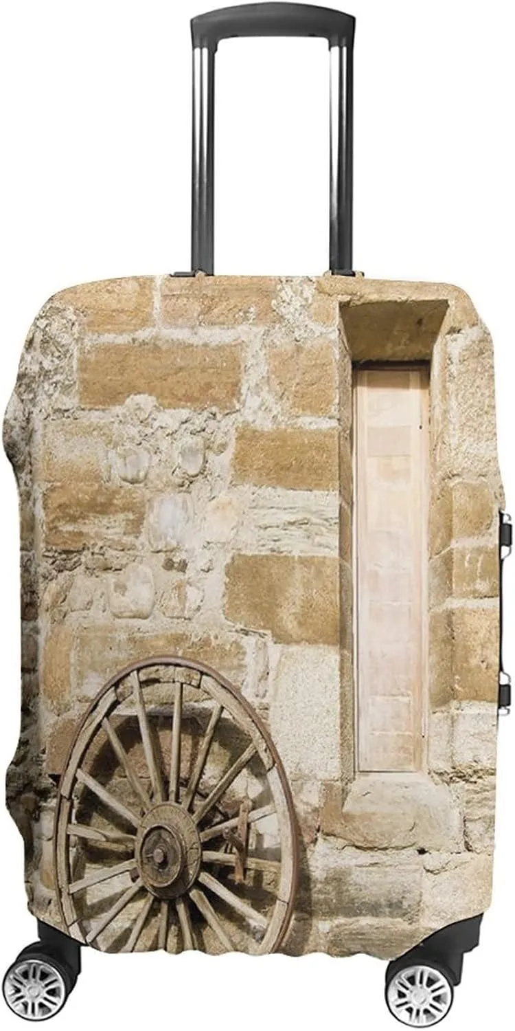 Travel Luggage Cover, Barn Wood Wagon Wheel Elastic Travel Luggage Cover, Ancient Rural Facade with Old Wheel Traditional, Fits 19-21 Inch Luggage, Great For Vacation Travel, Brown Light Brown