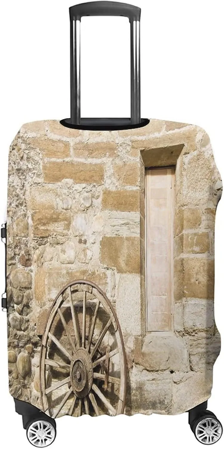 Travel Luggage Cover, Barn Wood Wagon Wheel Elastic Travel Luggage Cover, Ancient Rural Facade with Old Wheel Traditional, Fits 19-21 Inch Luggage, Great For Vacation Travel, Brown Light Brown