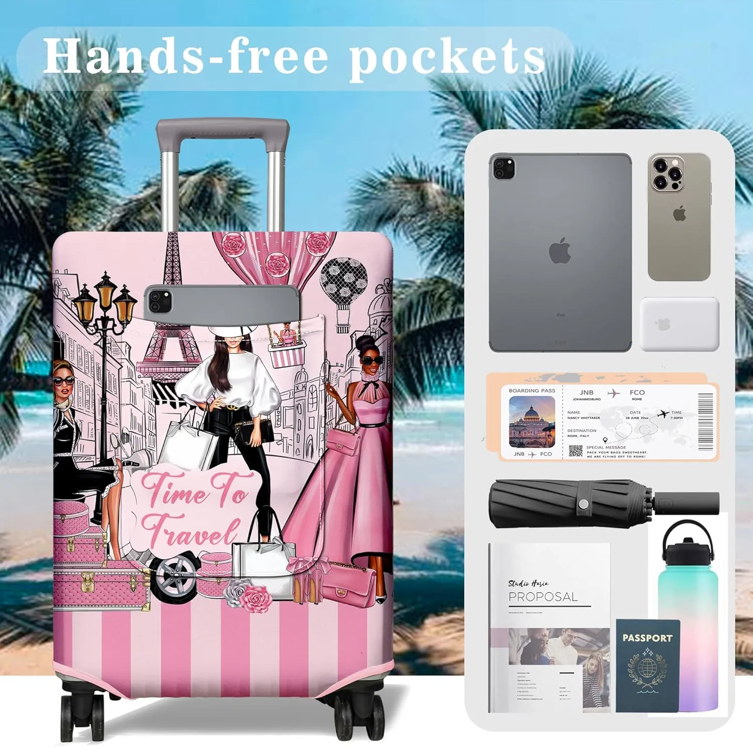 Travel Luggage Cover Suitcase Girl Protector Storage Fits 18-32 Inch Luggage Flower Luggage Protector Wheel Covers Patterned Travel with Pocket Elastic Luggage Anti-scratch Suitcase Cover S