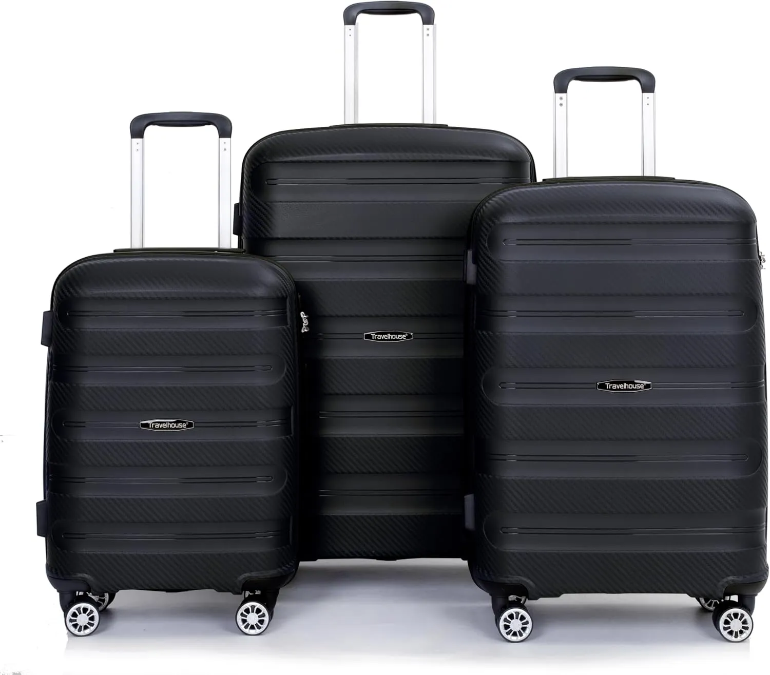 Travelhouse Luggage Set with Double Spinner Wheel,PP Hardside 3 PIECE Suitcase Set with Spinner Wheel, Carry on set with TSA Lock (BLACK)