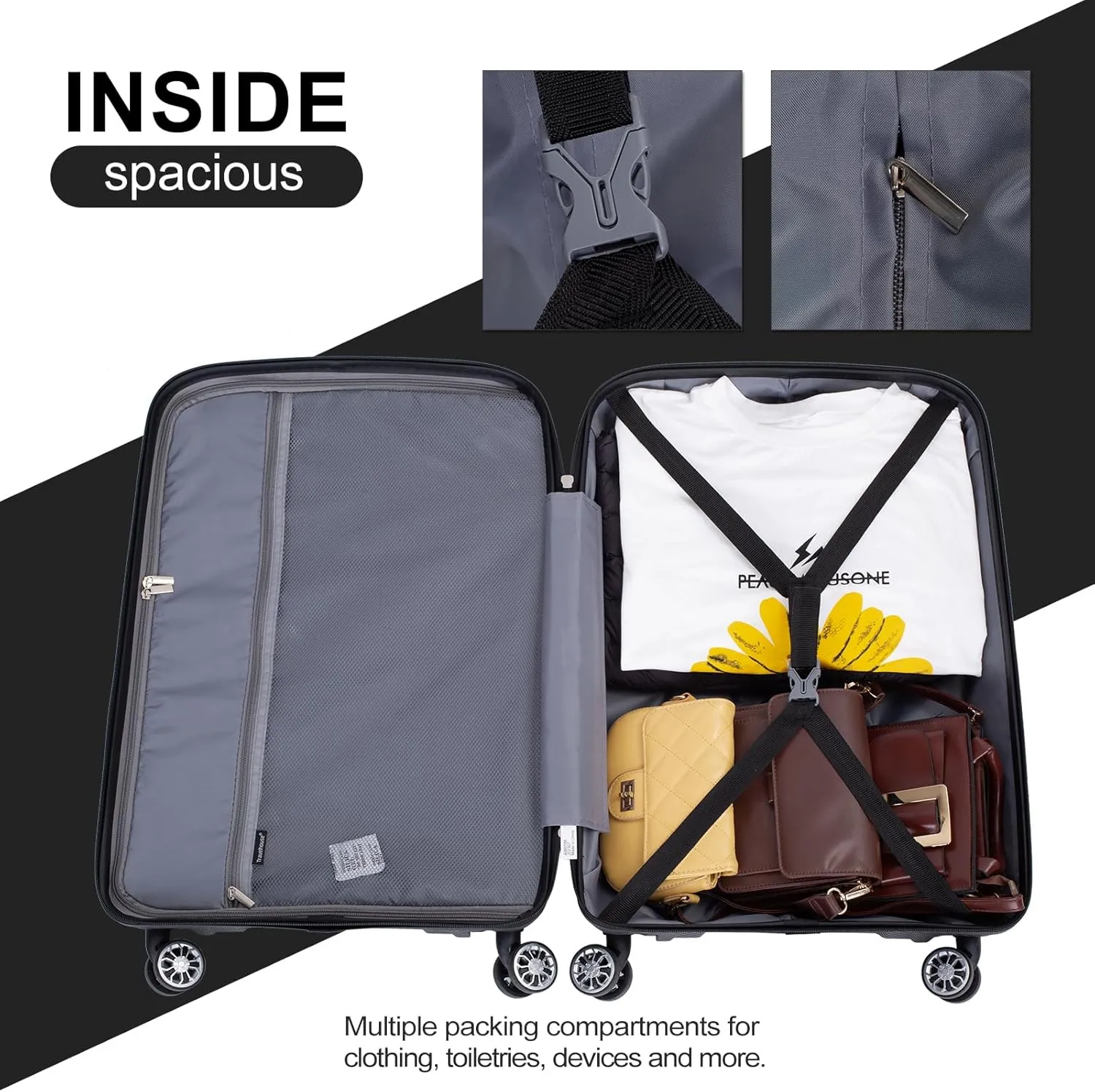 Travelhouse Luggage Set with Double Spinner Wheel,PP Hardside 3 PIECE Suitcase Set with Spinner Wheel, Carry on set with TSA Lock (BLACK)