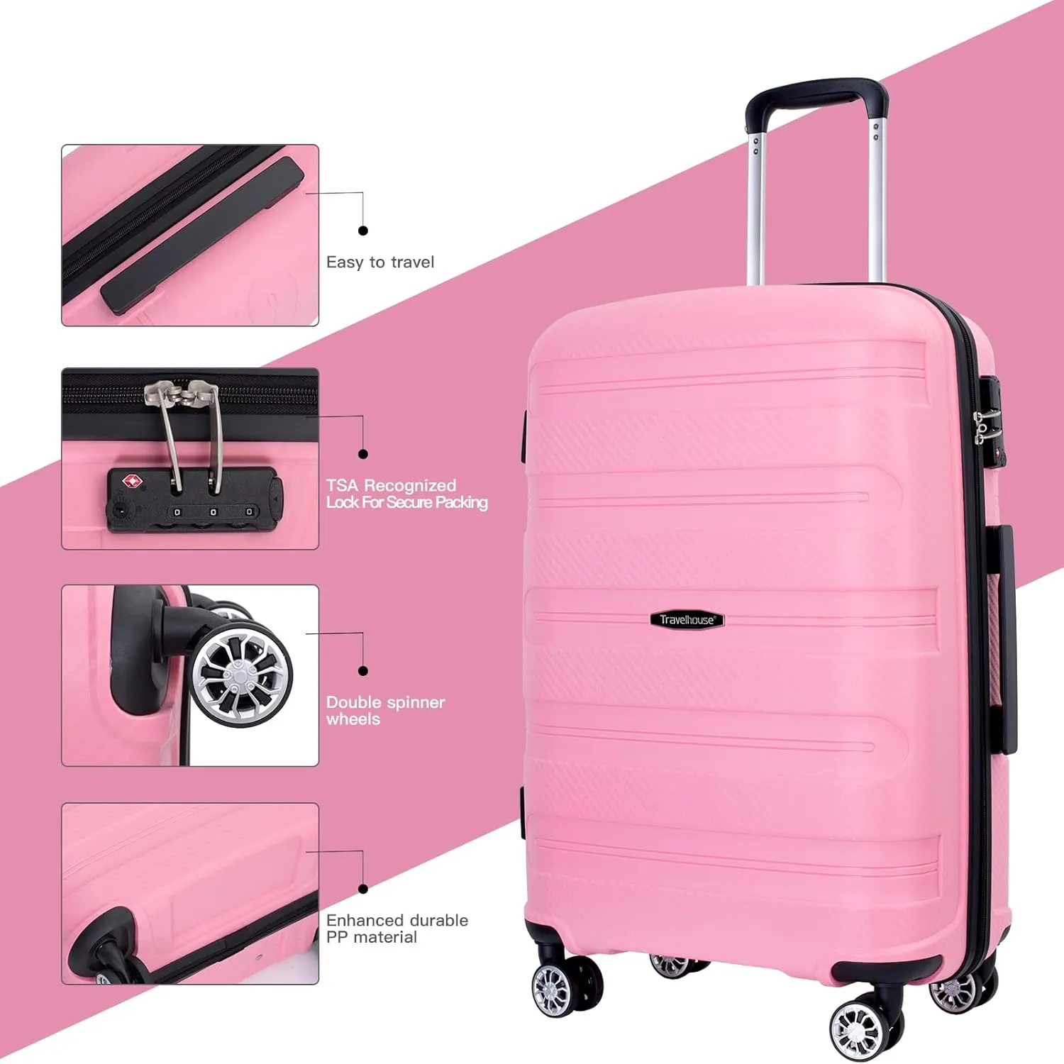 Travelhouse Luggage Set with Double Spinner Wheel,PP Hardside 3 PIECE Suitcase Set with Spinner Wheel, Carry on set with TSA Lock (PINK)