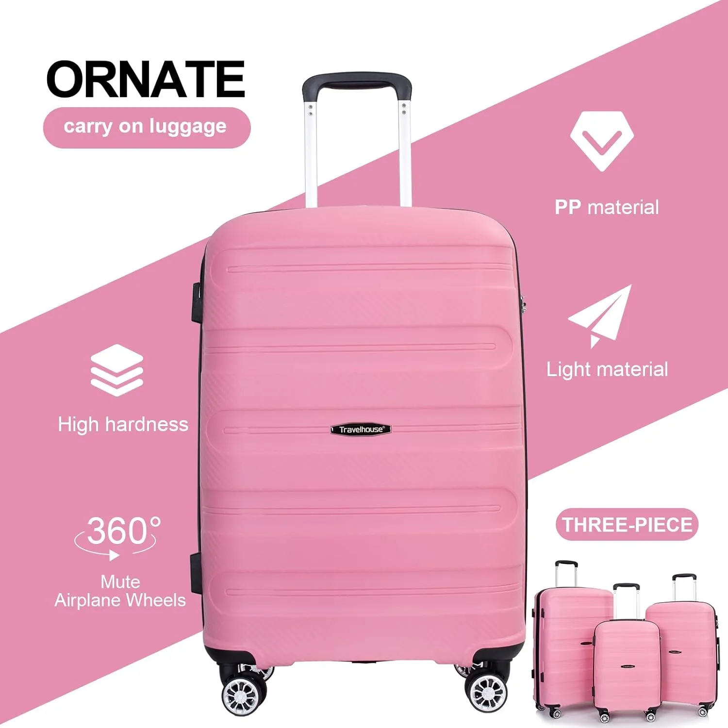 Travelhouse Luggage Set with Double Spinner Wheel,PP Hardside 3 PIECE Suitcase Set with Spinner Wheel, Carry on set with TSA Lock (PINK)