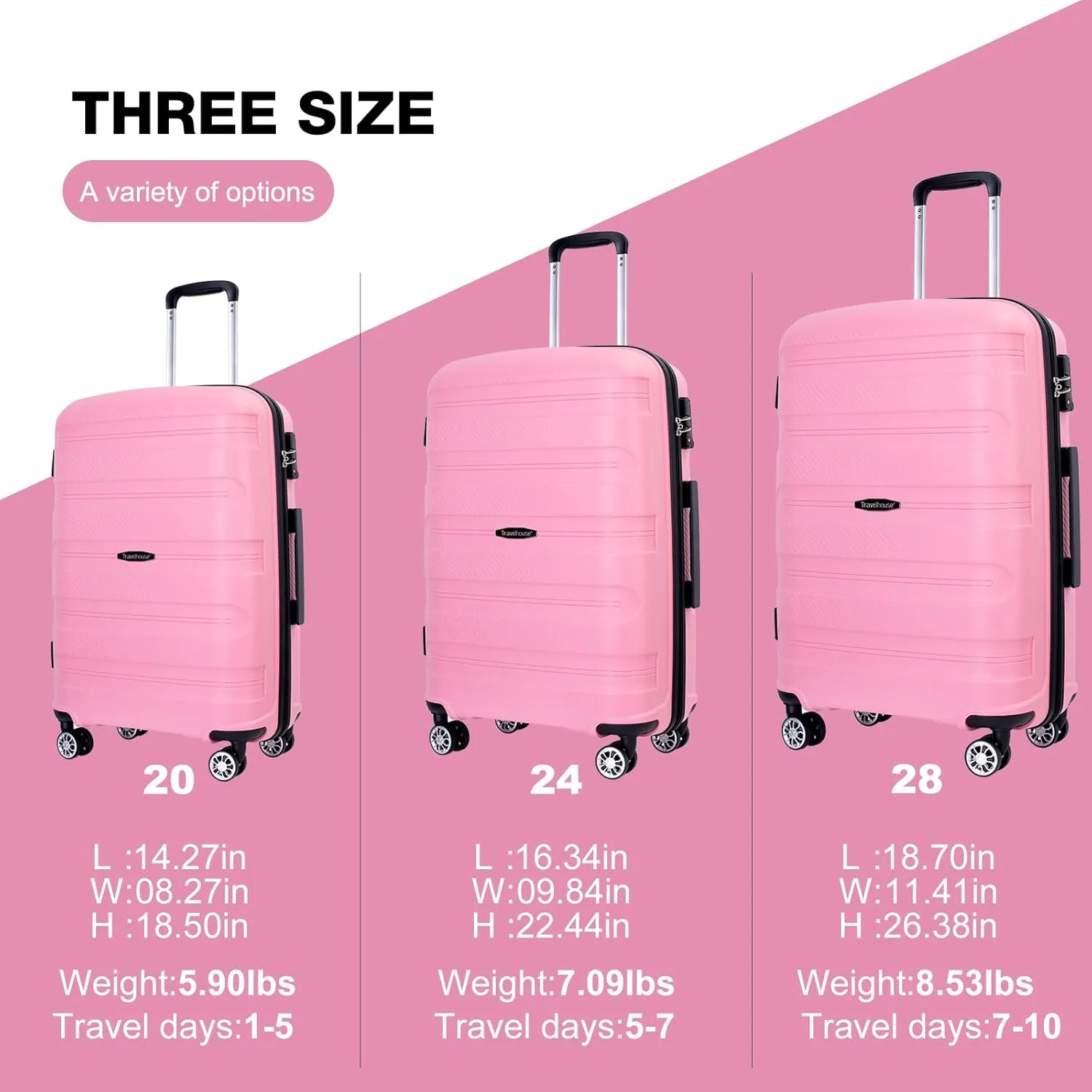 Travelhouse Luggage Set with Double Spinner Wheel,PP Hardside 3 PIECE Suitcase Set with Spinner Wheel, Carry on set with TSA Lock (PINK)