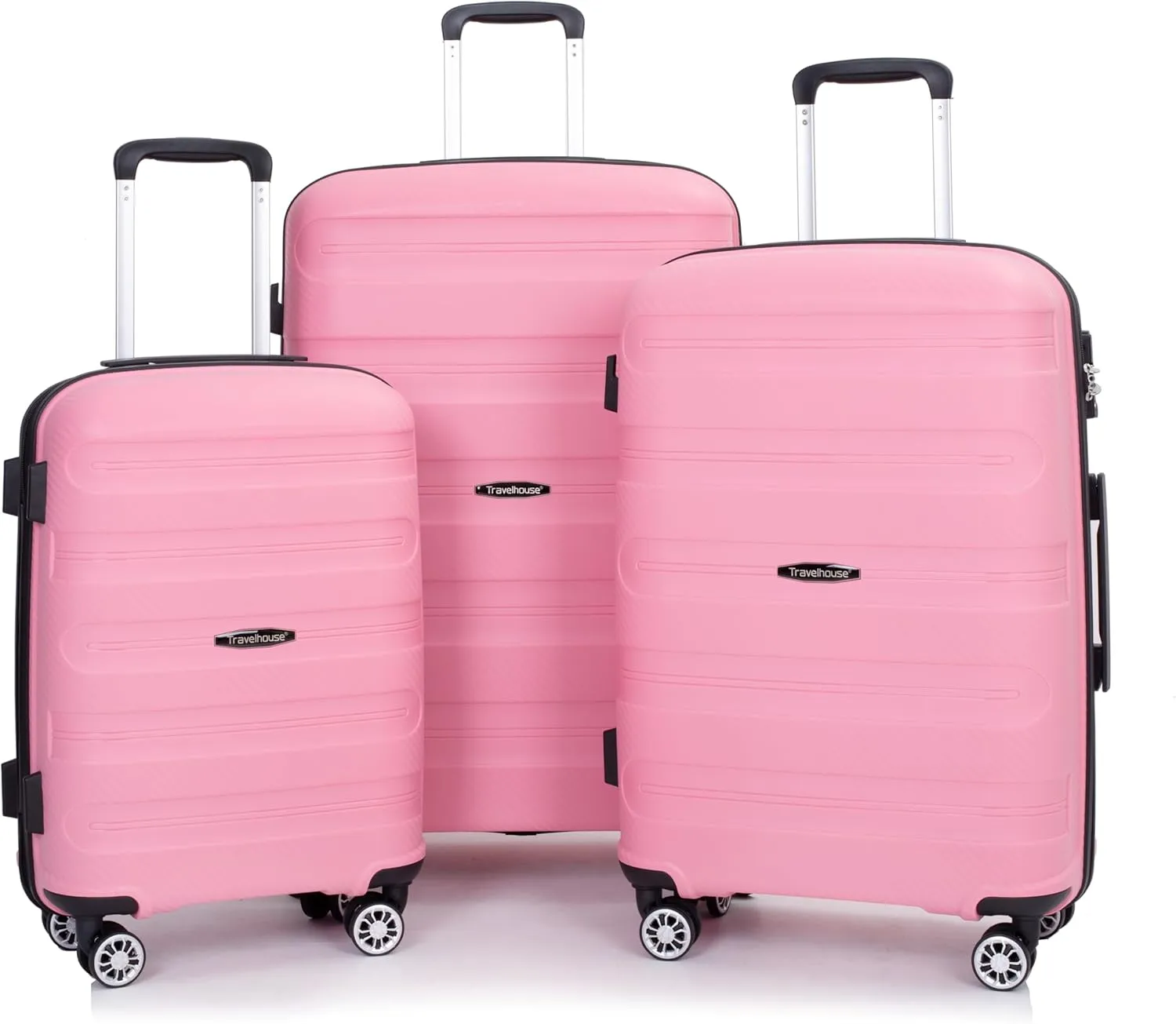 Travelhouse Luggage Set with Double Spinner Wheel,PP Hardside 3 PIECE Suitcase Set with Spinner Wheel, Carry on set with TSA Lock (PINK)