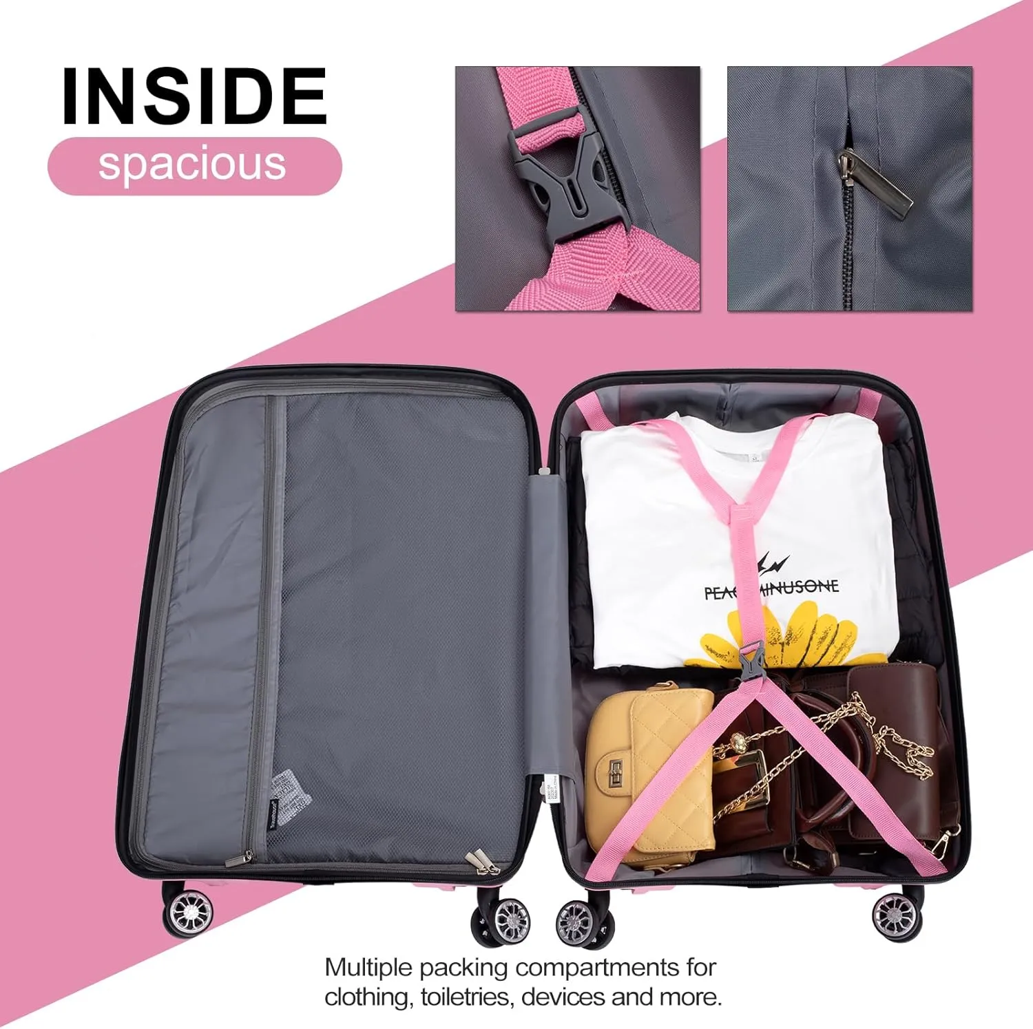 Travelhouse Luggage Set with Double Spinner Wheel,PP Hardside 3 PIECE Suitcase Set with Spinner Wheel, Carry on set with TSA Lock (PINK)
