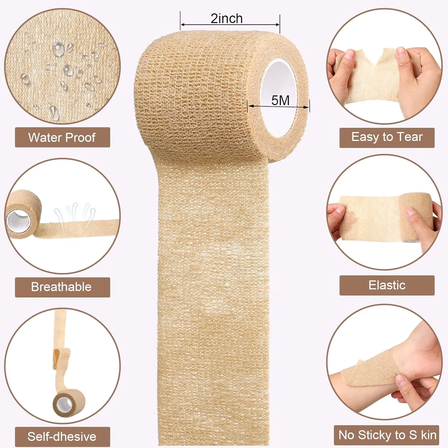 Treela 96 Pack Self Adhesive Bandage Wrap 2 Inch x 5 Yard Self Adherent Cohesive Bandages Elastic Athletic Sports Tape Breathable Wound Tape for Stretch Athletic Wrist Ankle(Nude)