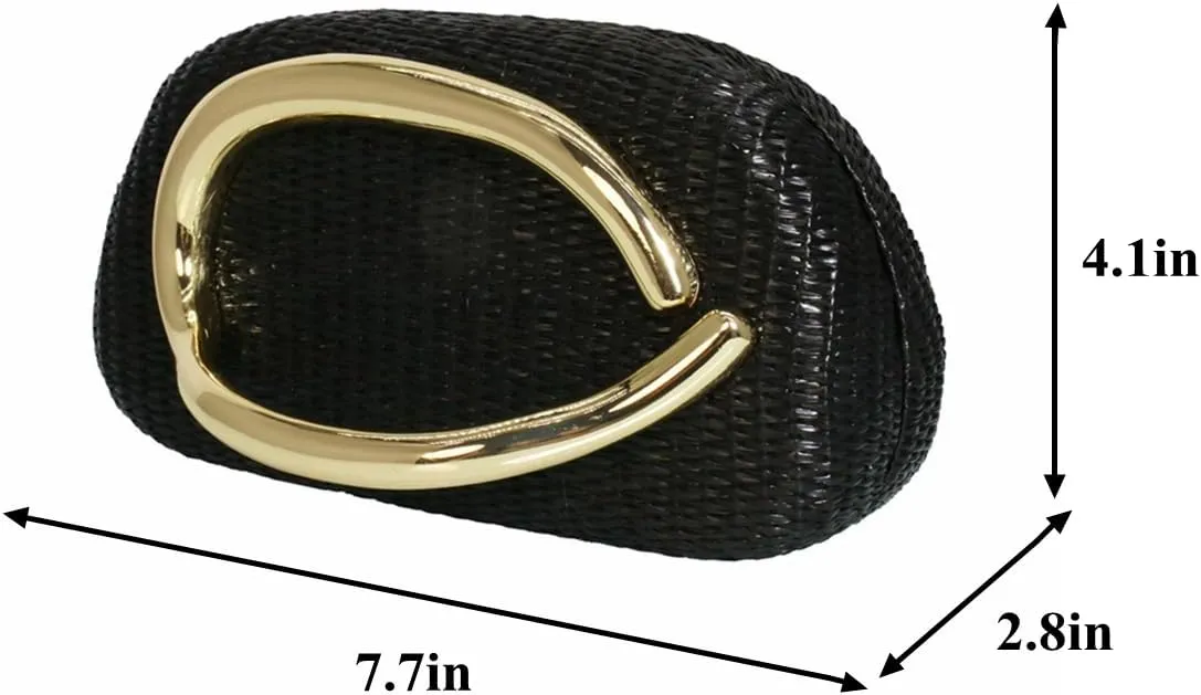 Trendy Metal Handle Straw Clutch Purse for Women Summer Woven Beach Purse Chain Crossbody Shoulder Bag for Casual