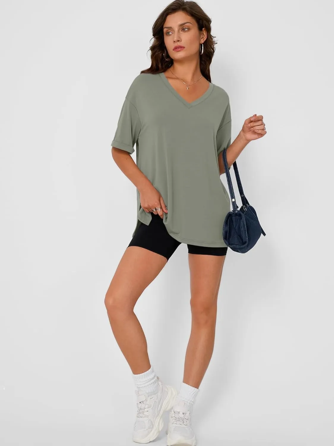Trendy Queen Oversized Tshirts for Women Workout Plus Size Tops V Neck Short Sleeve Gym Shirts Casual Loose Fit Basic Tees