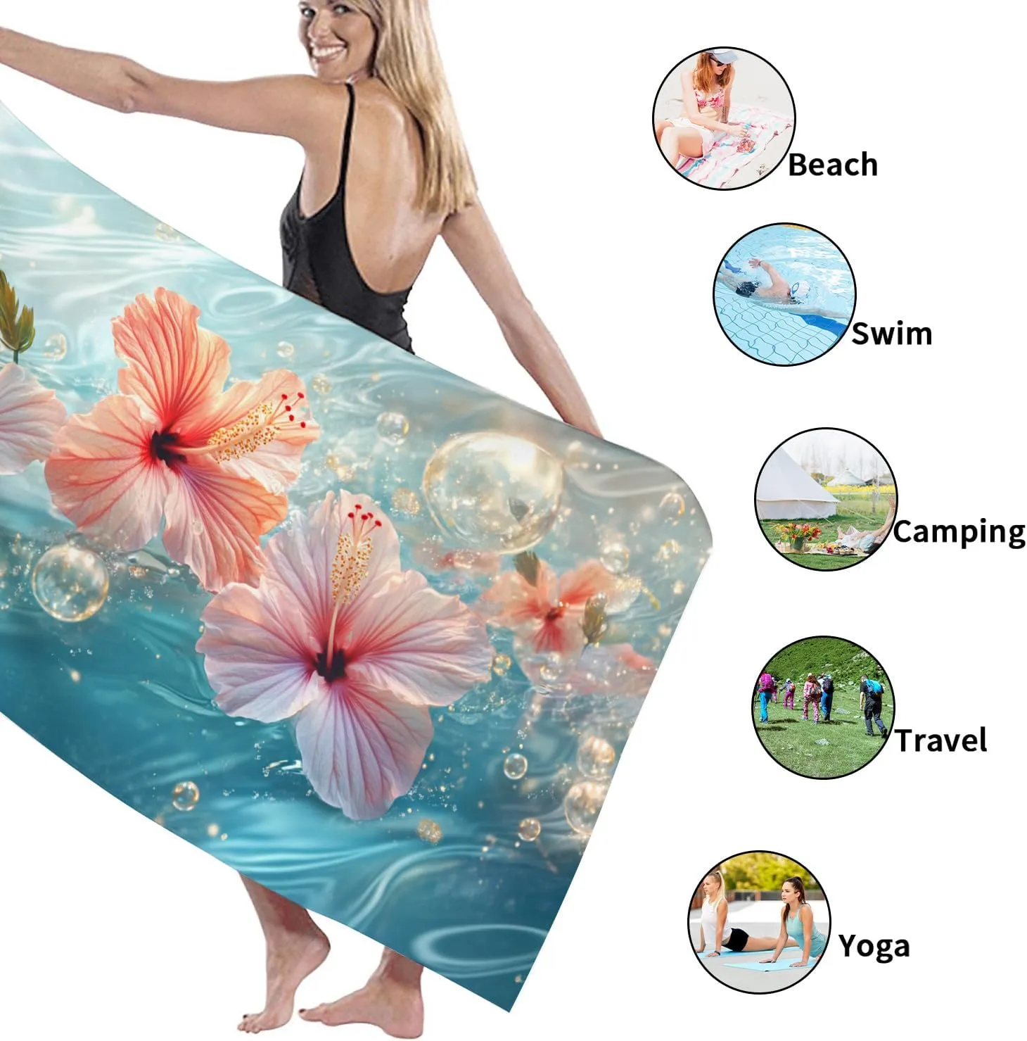 Tropical Floral Microfiber Beach Towel Peach Hibiscus Flower Bath Towel, Quick Dry Absorbent Sand Free Oversized Lightweight Beach Blanket, Vacation Picnic Outdoor Travel Essentials 70x35 Inch