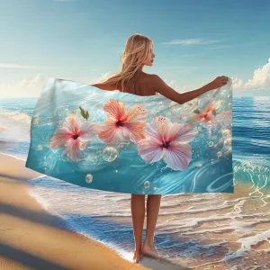 Tropical Floral Microfiber Beach Towel Peach Hibiscus Flower Bath Towel, Quick Dry Absorbent Sand Free Oversized Lightweight Beach Blanket, Vacation Picnic Outdoor Travel Essentials 70x35 Inch