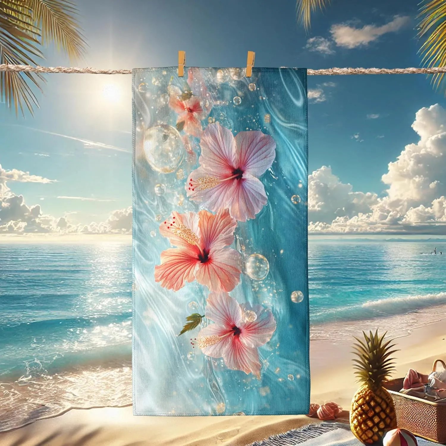 Tropical Floral Microfiber Beach Towel Peach Hibiscus Flower Bath Towel, Quick Dry Absorbent Sand Free Oversized Lightweight Beach Blanket, Vacation Picnic Outdoor Travel Essentials 70x35 Inch