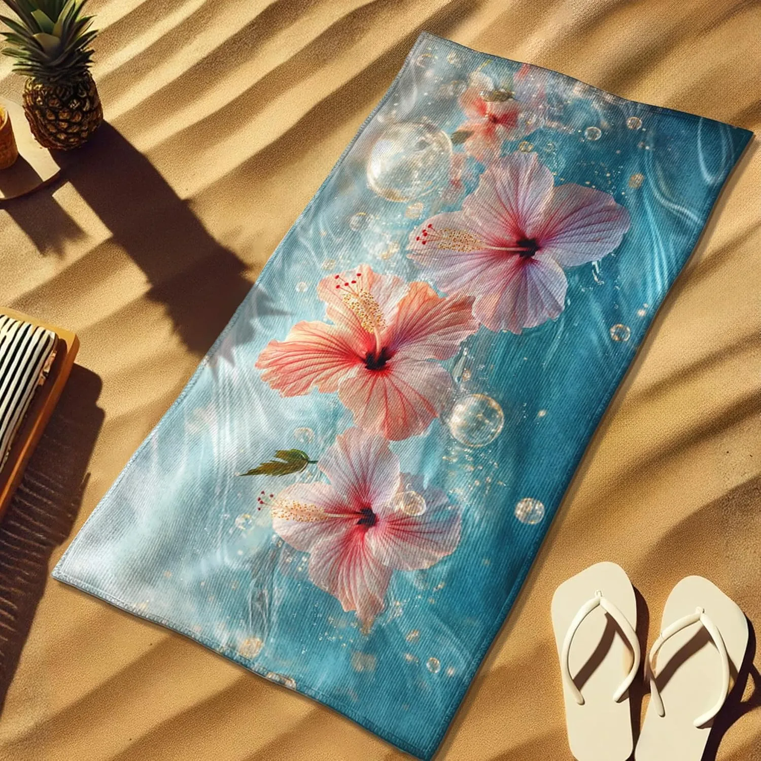 Tropical Floral Microfiber Beach Towel Peach Hibiscus Flower Bath Towel, Quick Dry Absorbent Sand Free Oversized Lightweight Beach Blanket, Vacation Picnic Outdoor Travel Essentials 70x35 Inch