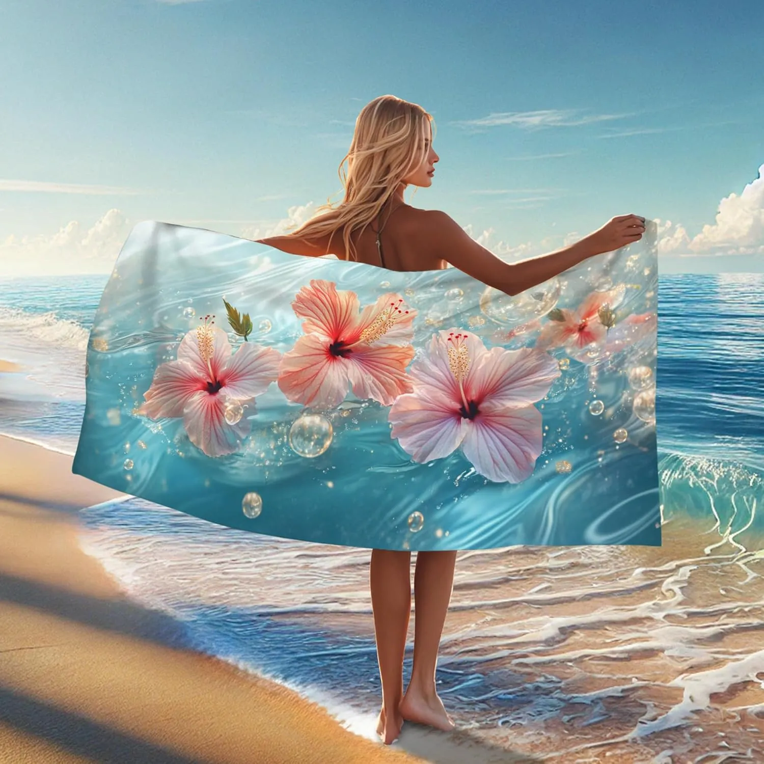 Tropical Floral Microfiber Beach Towel Peach Hibiscus Flower Bath Towel, Quick Dry Absorbent Sand Free Oversized Lightweight Beach Blanket, Vacation Picnic Outdoor Travel Essentials 70x35 Inch