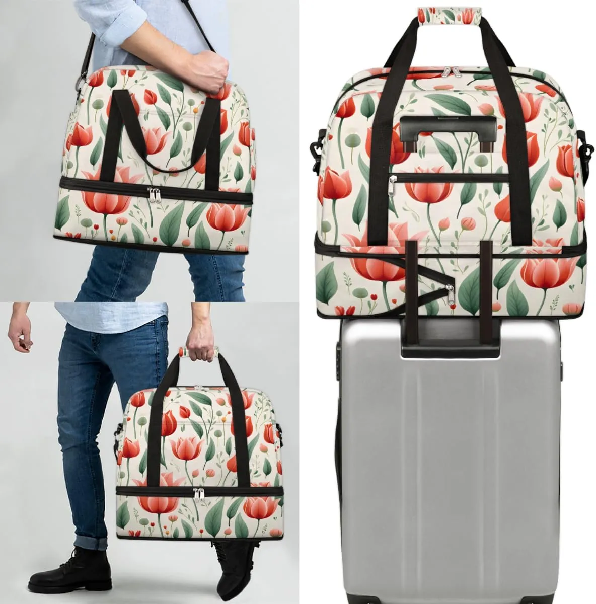 Tulips Floral Pattern Foldable Duffle Bag with Shoes Compartment Large Capacity Waterproof Travel Weekender Bag Overnight Bag for Sports Gym