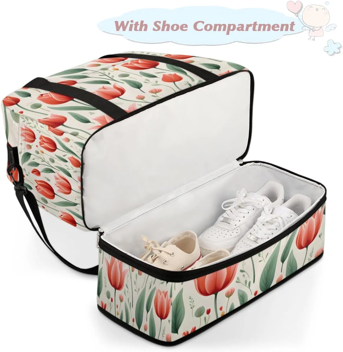 Tulips Floral Pattern Foldable Duffle Bag with Shoes Compartment Large Capacity Waterproof Travel Weekender Bag Overnight Bag for Sports Gym