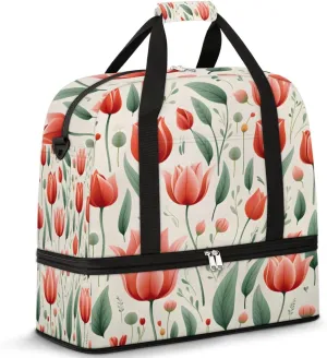 Tulips Floral Pattern Foldable Duffle Bag with Shoes Compartment Large Capacity Waterproof Travel Weekender Bag Overnight Bag for Sports Gym