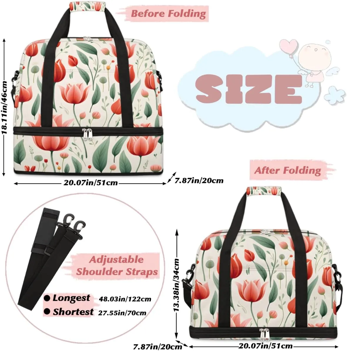 Tulips Floral Pattern Foldable Duffle Bag with Shoes Compartment Large Capacity Waterproof Travel Weekender Bag Overnight Bag for Sports Gym